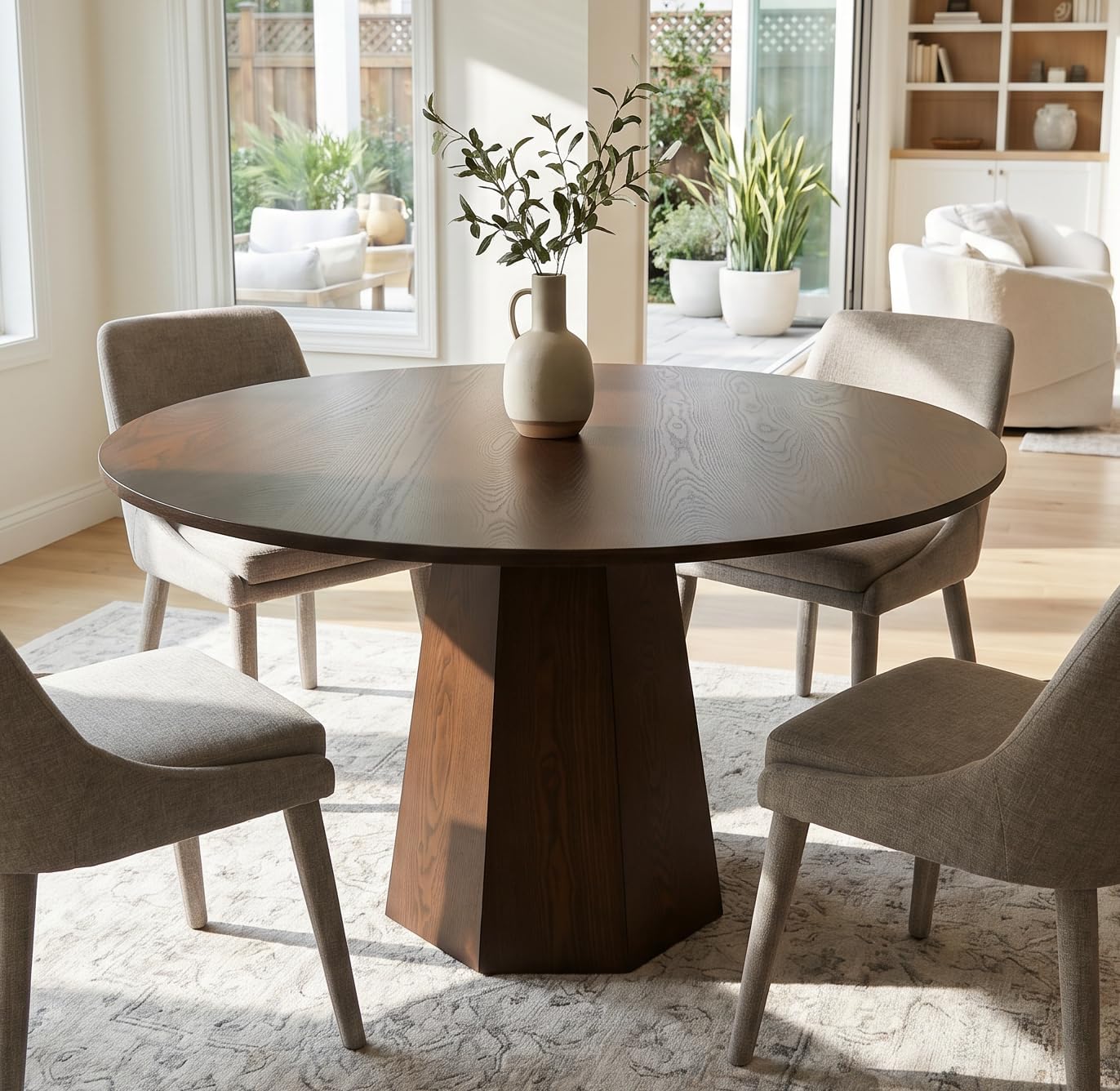 BESTANO 39' Round Solid Wood Dining Table for 4-5 People, Modern Pedestal Small Kitchen Table Circle Tabletop with Walnut Wood Grain Finish, Saving Space, Walnut