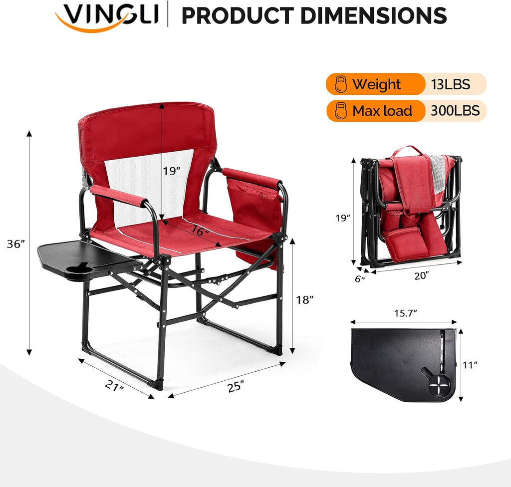 VINGLI Camping Chairs, Directors Chair, Camping Chair with Side Table & Carry Bag，Heavy Duty Camping Chairs for Adults,Portable Folding Camping Chair 2 Pack, for Beach, Fishing,Trip,Picnic,Lawn-Red