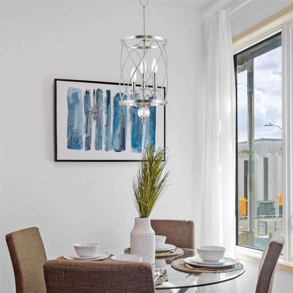 Kira Home Eleanor 27' Modern 3-Light Geometric Lantern Chandelier, Cylinder Trellis Cage Pendant Light with Crystal Finial, Brushed Nickel Finish