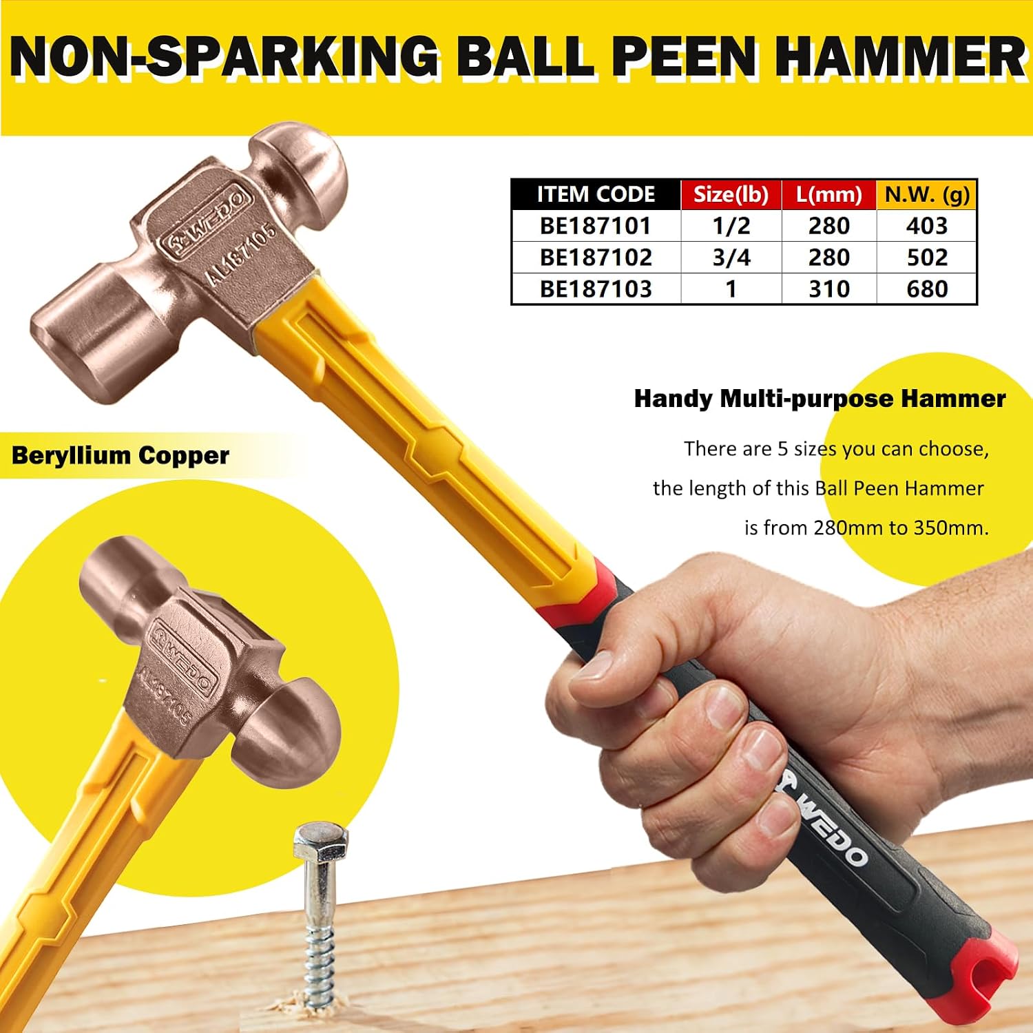 WEDO 3PCS Ball Peen Hammer Set,Ball Pein Hammer with Fiberglass Handle,8oz+12oz+16oz,Industrial-grade Metalworking Tools,Beryllium Copper,Non-magnetic,Die-Forged,Corrosion Resistant,DIN Standard