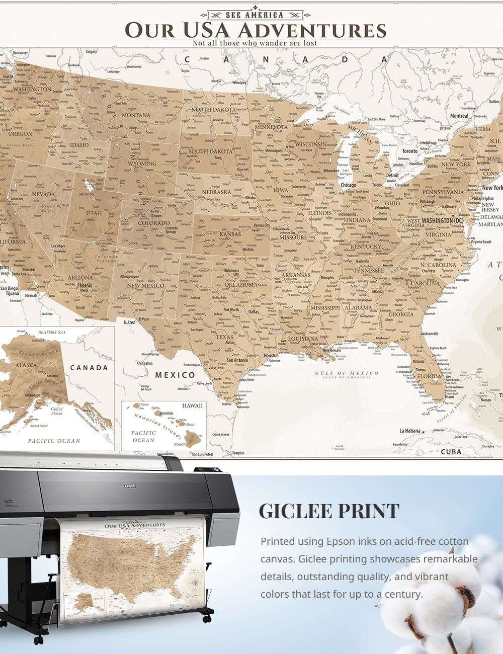 IPIC - Vintage Push Pin United States Map Canvas Wall Art, Oversized US Travel Map Print for Home, Office, Study or RV, Push Pin Board Decor to Track Your Travels, Ready to Hang