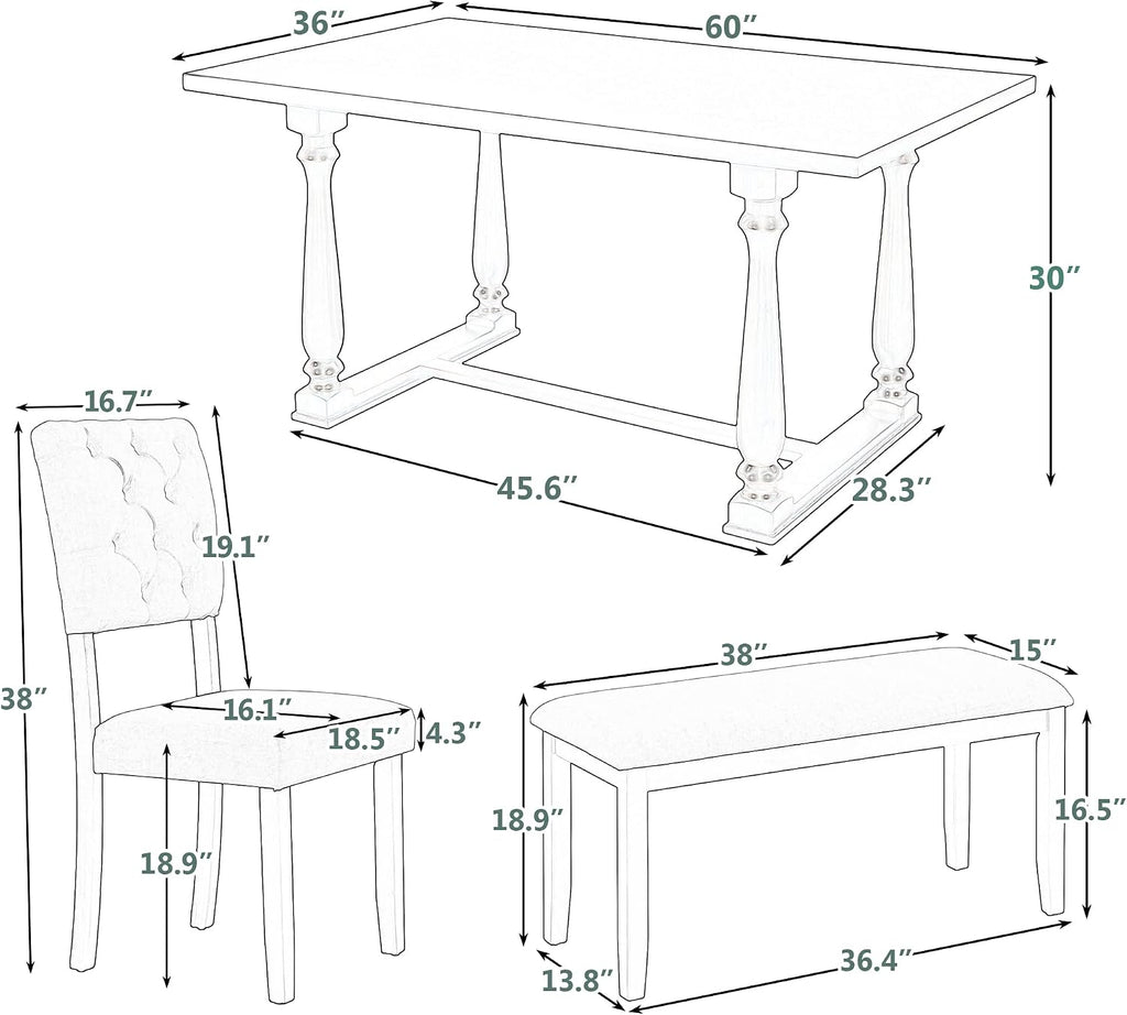 6 Pieces Dining Table Chair Set, Rectangle Dining Table with 4 Upholstered Chairs & a Bench, Wood Kitchen Table Chairs Set for 6 Persons, Modern Style Dining Room Set (Gray+ Beige)