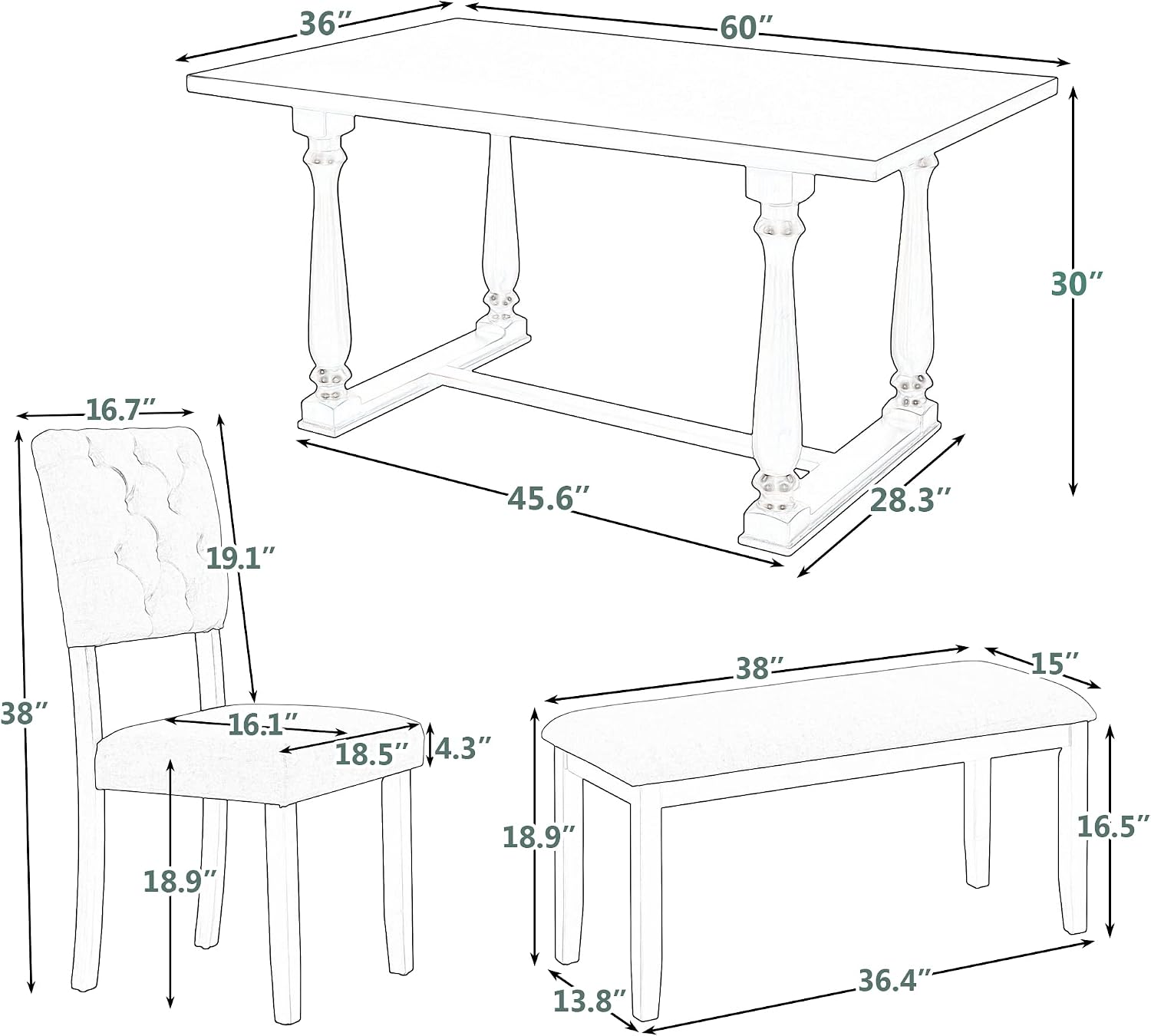 6 Pieces Dining Table Chair Set, Rectangle Dining Table with 4 Upholstered Chairs & a Bench, Wood Kitchen Table Chairs Set for 6 Persons, Modern Style Dining Room Set (Gray+ Beige)