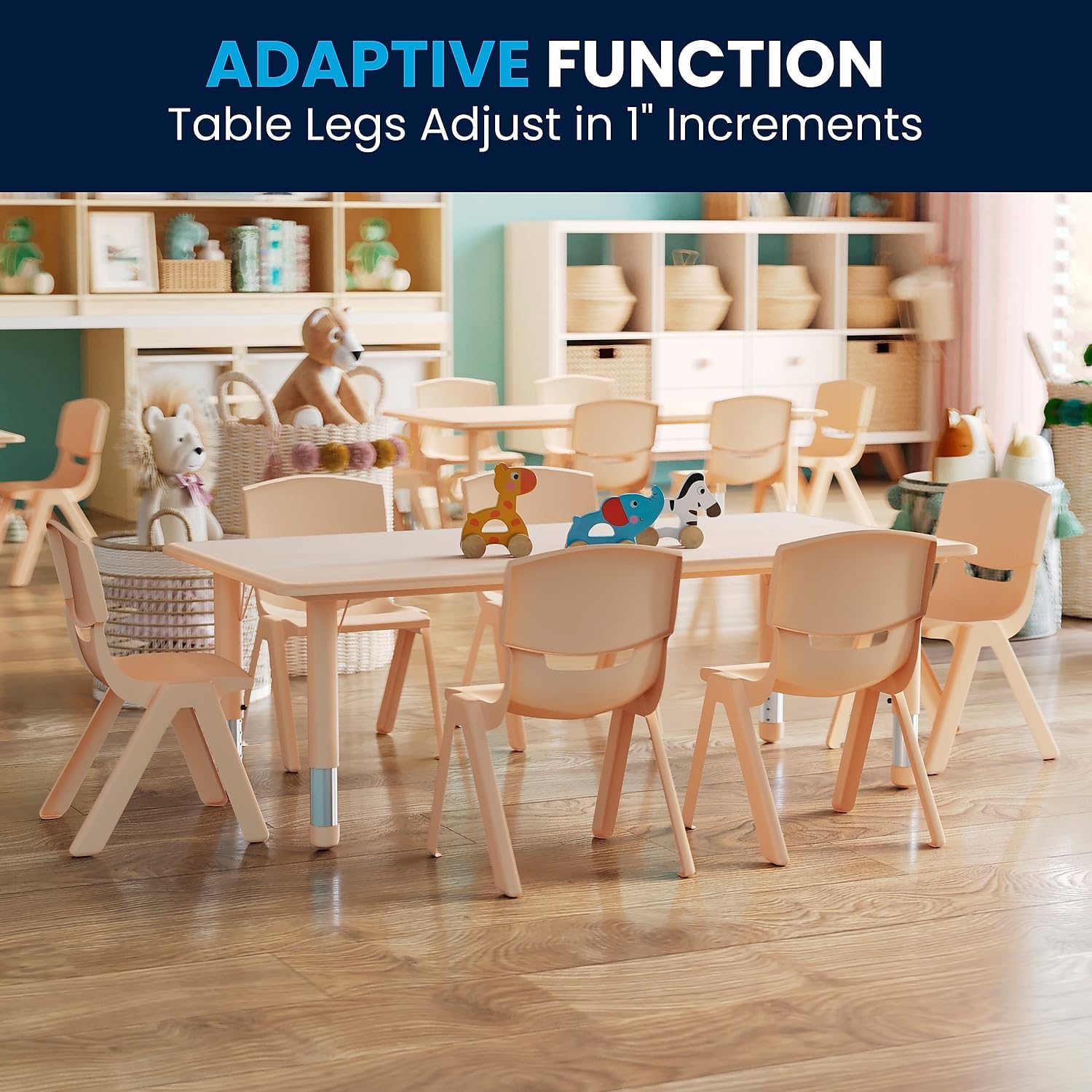 Flash Furniture Emmy Adjustable Classroom Activity Table with 6 Stackable Chairs, Plastic Activity Table for Kids, 23.625' W x 47.25' L, Natural