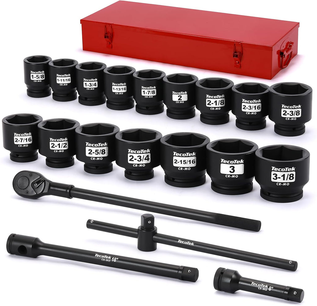 TecoTek 1' Drive Jumbo Shallow Impact Socket Set, 21-Piece Jumbo Assortment, SAE, 1-5/8 Inch to 3-1/8 Inch, CR-MO Steel, Ratchet, Extension Bar and Metal Case