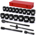 TecoTek 1' Drive Jumbo Shallow Impact Socket Set, 21-Piece Jumbo Assortment, SAE, 1-5/8 Inch to 3-1/8 Inch, CR-MO Steel, Ratchet, Extension Bar and Metal Case