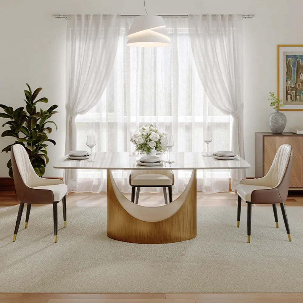 POVISON 63' Modern Dining Table for 4, Glossy White Dining Table, Sintered Stone Dining Tabletop with Bronze Carbon Steel Pedestal Table for Dining Room (Table Only)