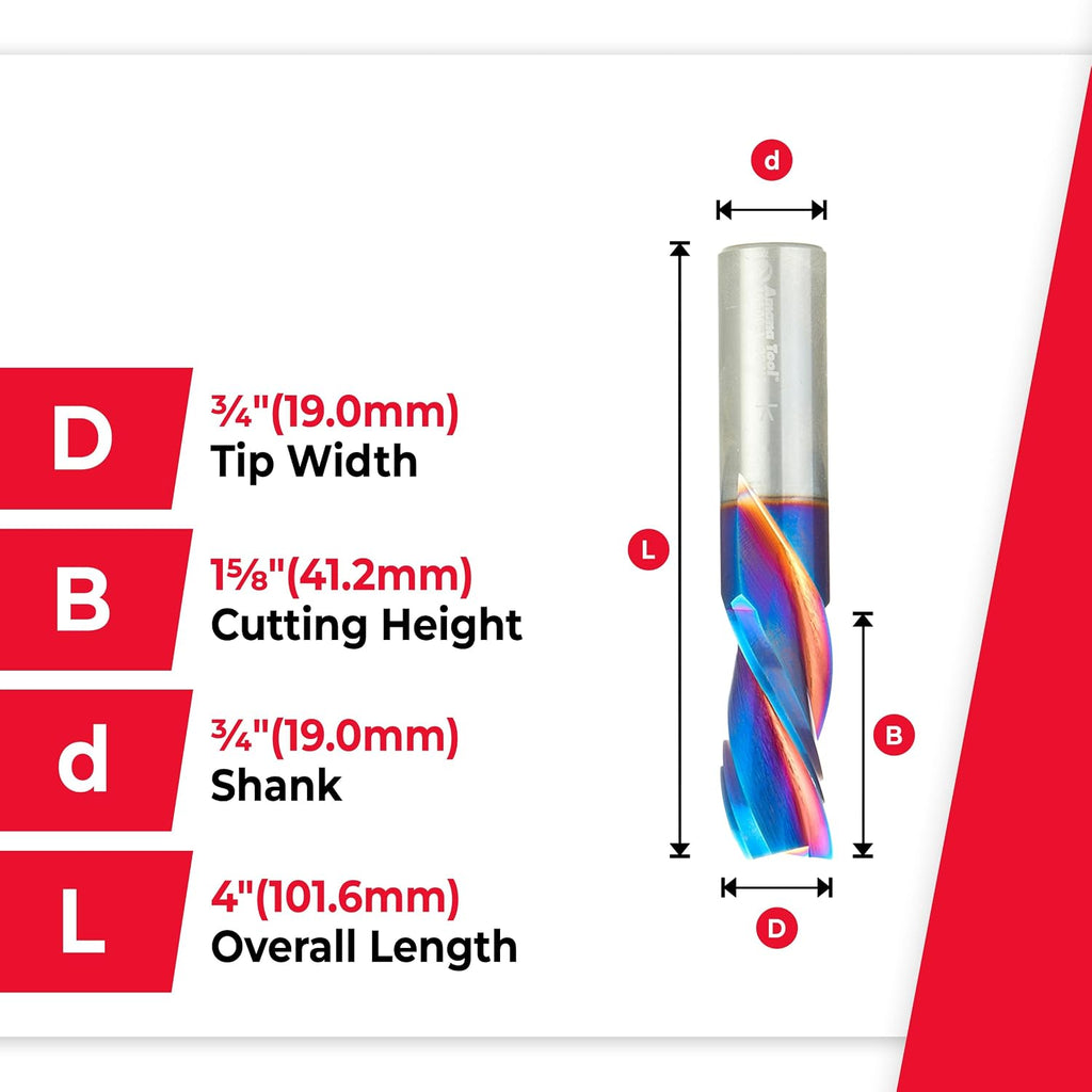 Amana Tool 46500-K SC Spektra Extreme Tool Life Coated Spiral Plunge 3/4 Dia x 1-5/8 CH x 3/4 SHK 4 Inch Long Down-Cut 3 Flute Router Bit