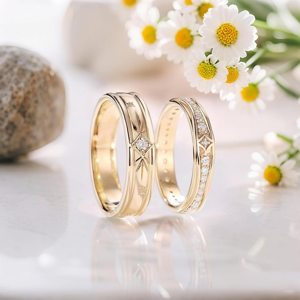 SISGEM Moissanite Couple Rings Set, 10K 14K 18K Solid Gold Moissanite Wedding Rings for Him And Her, Vintage Leaf/Branch Wedding Bands Matching Couple Rings Anniversary Jewelry Gift for Women And Men