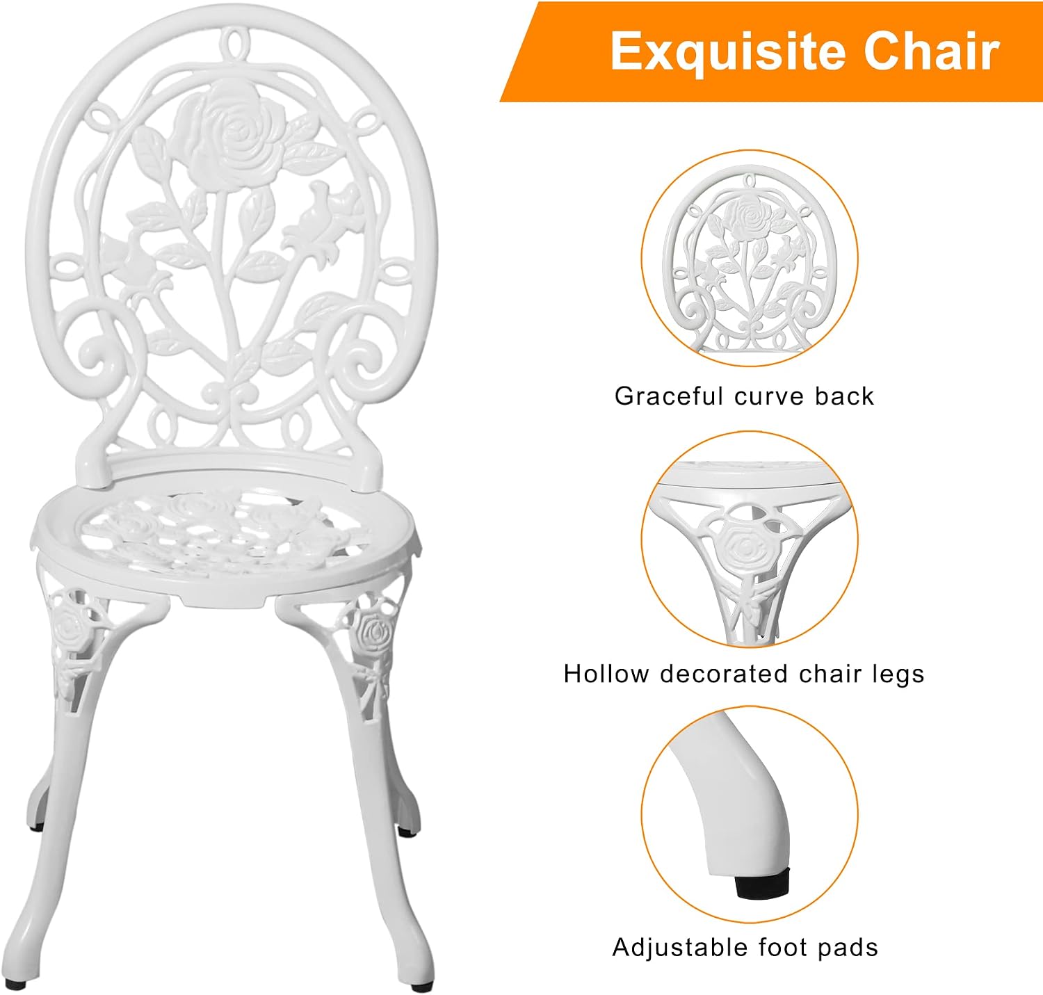 HOMEFUN Bistro Table and Chairs Set of 2 Outdoor 3 Piece Patio Set, Rose Pattern Cast Aluminum Bistro for Garden Balcony, Durable Rust All-Weather Resistance, Rose White