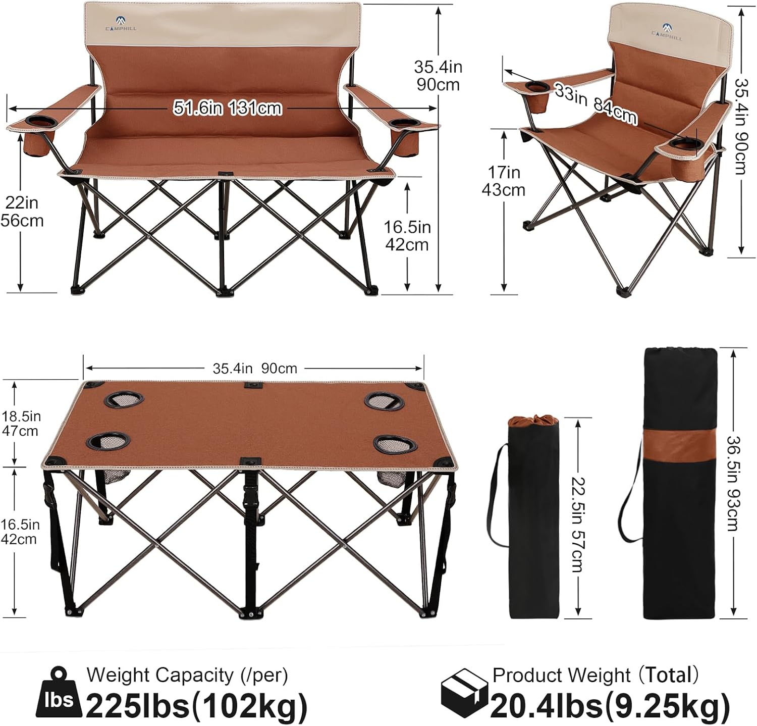 Camping Chair Set of 3, Outdoor Folding Camping Chairs for Heavy People with Cup Holder & Carry Bag,Collapsible Chair Include One Sofa Chair and Two Single Chair,Support up to 500lbs