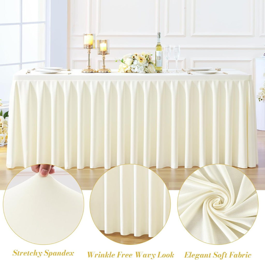 6 Pack Ivory Rectangle Tablecloth 6 FT Stretch Spandex Fitted Table Cloth for 6 Foot Rectangle Tables Banquet Tablecloths Wrinkle Free Table Cover Skirt Ruffle Tablecloth for Party Wedding Birthday