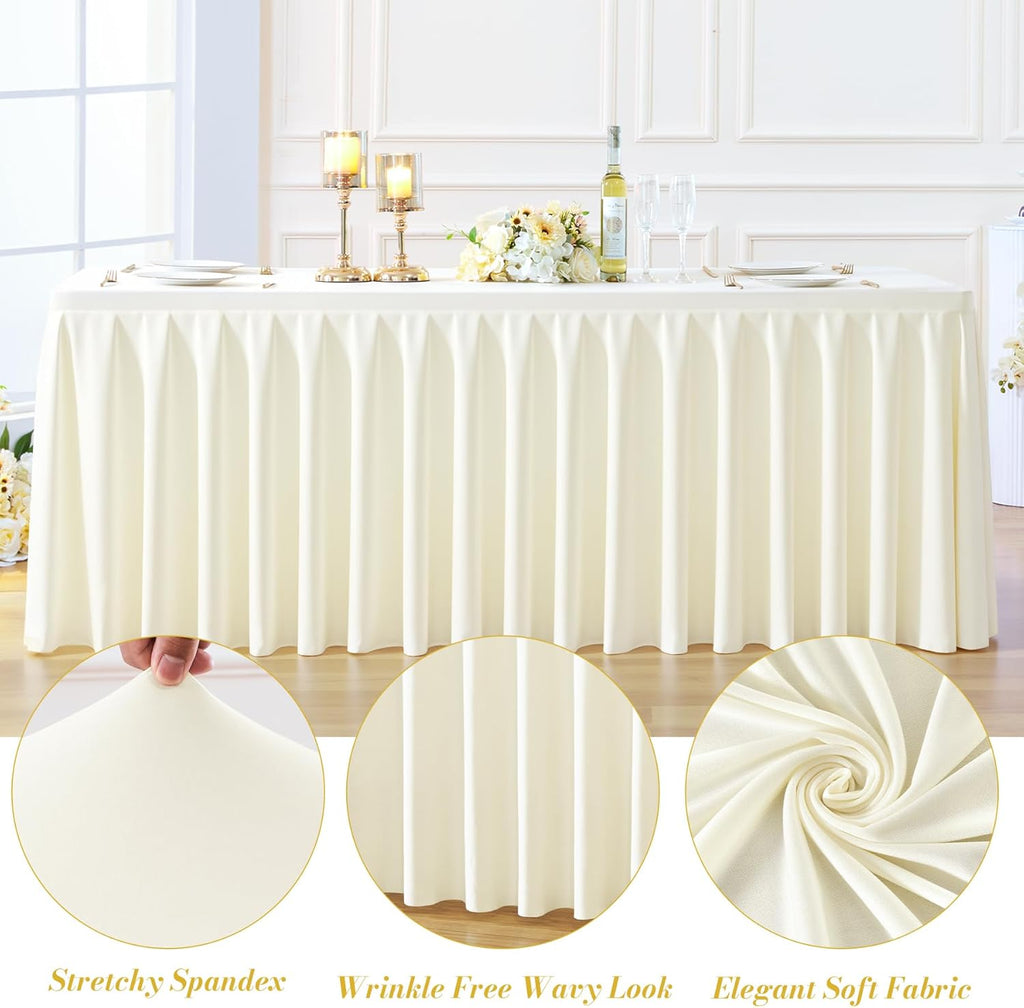 6 Pack Ivory Rectangle Tablecloth 8 FT Stretch Spandex Fitted Table Cloth for 8 Foot Rectangle Tables Banquet Tablecloths Wrinkle Free Table Cover Skirt Ruffle Tablecloth for Party Wedding Birthday