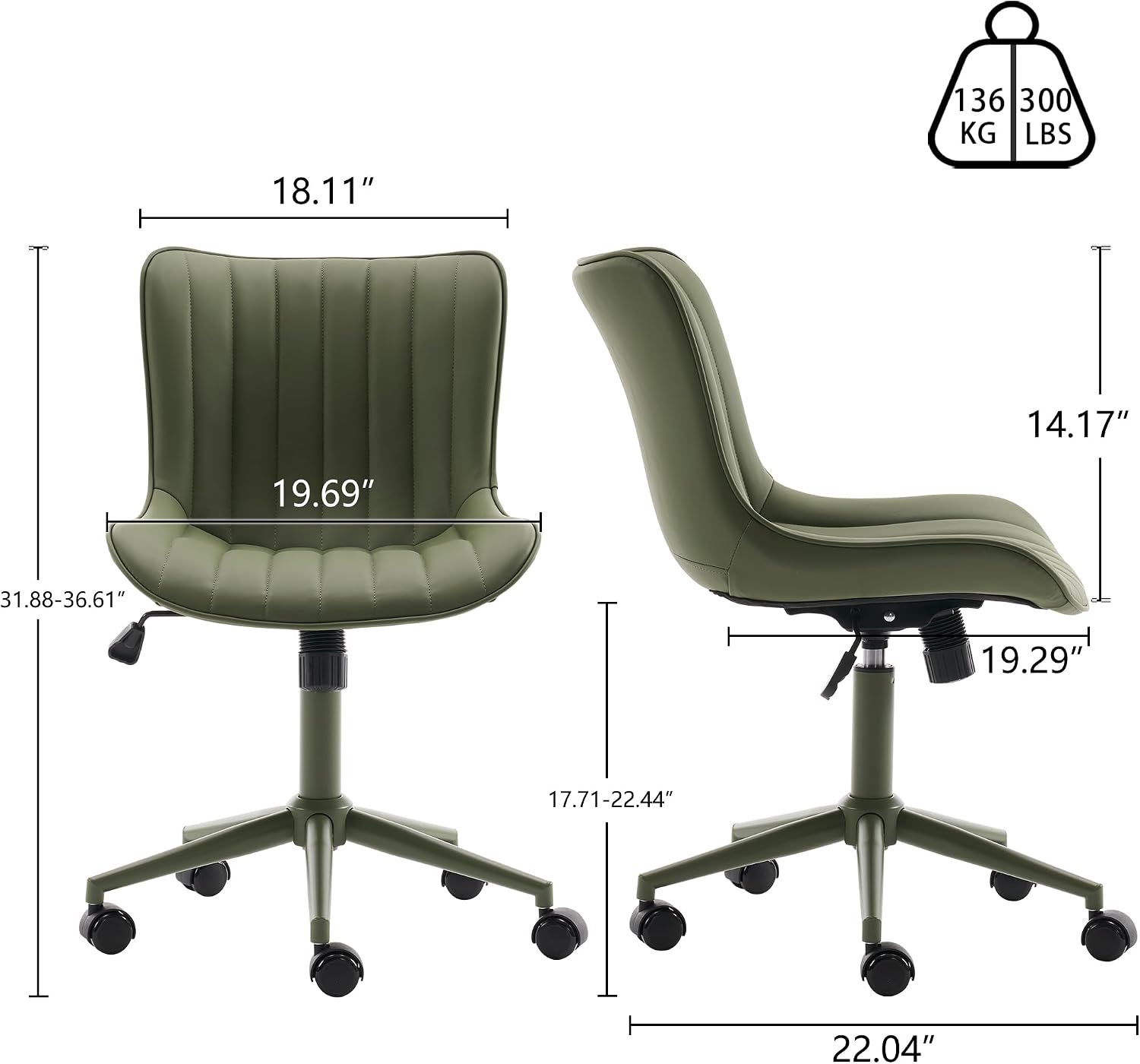 YOUNIKE Home Office Desk Chair with Wheels Armless Vanity Chair with Back Comfy Modern Leather Upholstered Rolling Task Chair Swivel Small Cute Sewing Chair No Arms Wide Adjustable Sage Green
