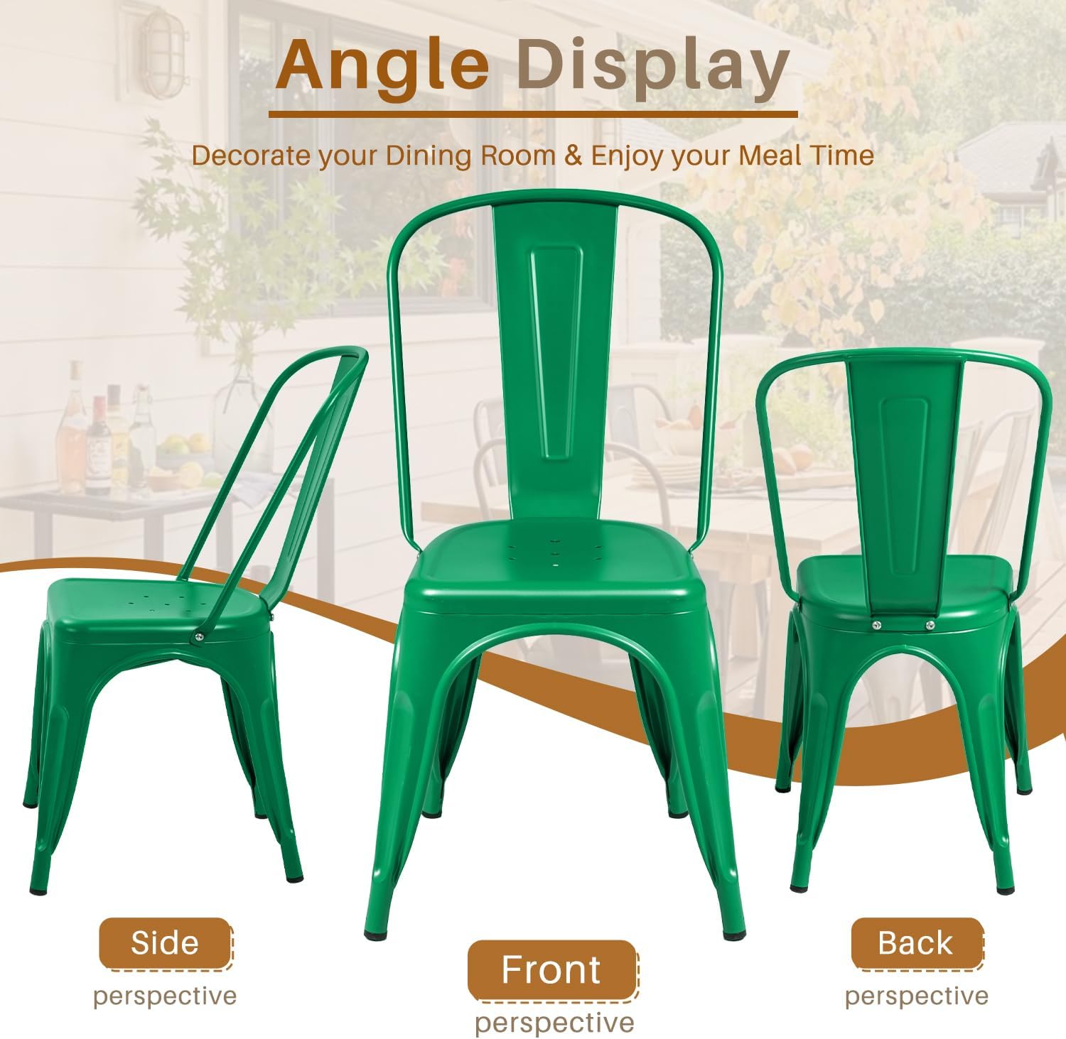 Furmax Metal Dining Chair Indoor Outdoor Use Stackable Classic Trattoria Chair Chic Dining Bistro Cafe Side Metal Chairs Set of 4 (Green)