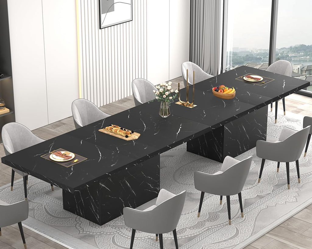 HSH 71' Black Dining Table for 6-8, Rectangle Modern Faux Marble Dinner Table, Large Dining Room Table for Kitchen Living Room, Industrial Wood Kitchen Table only with Sturdy Base, Black, 71 Inch