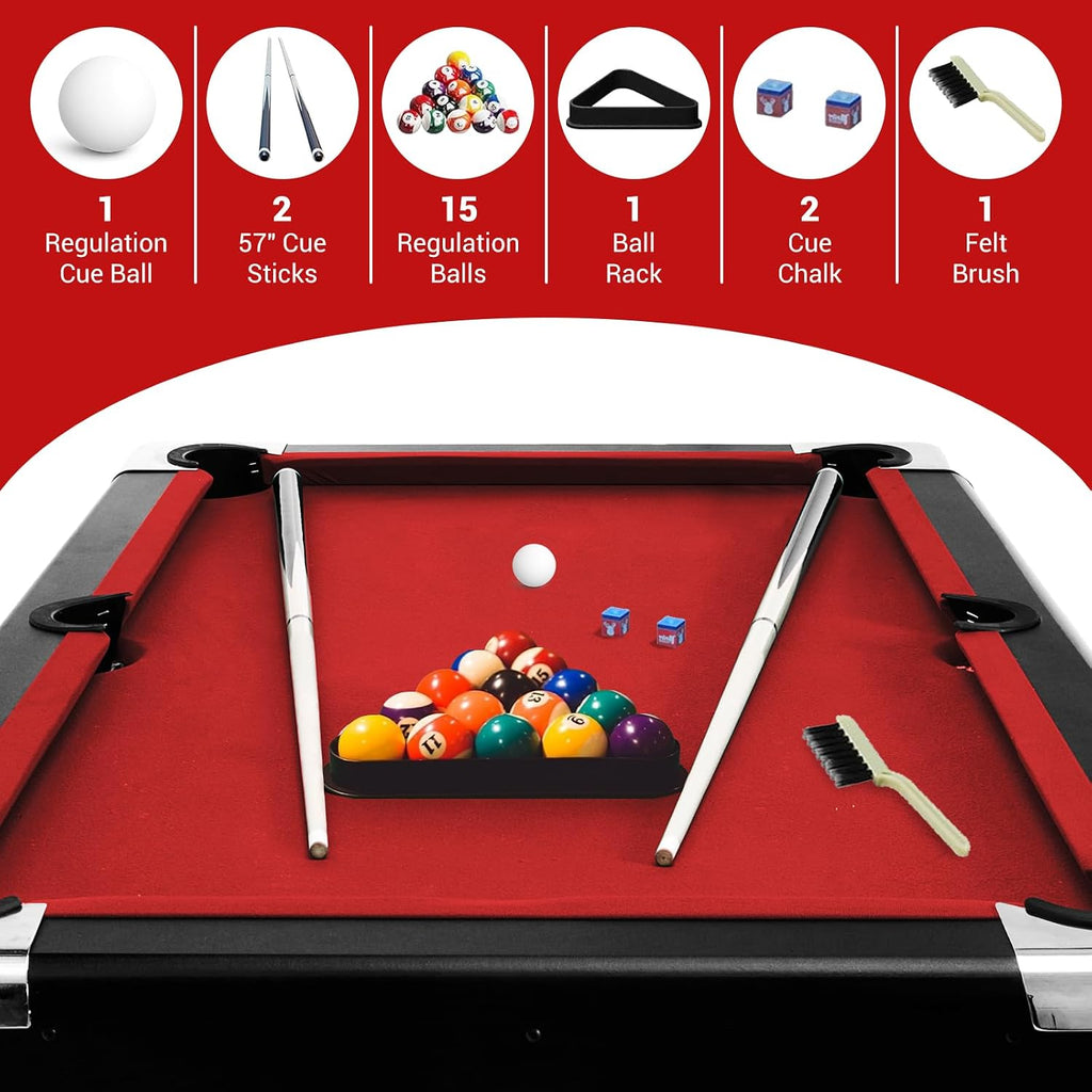 6,7 Foot Foldable Pool Table, Portable Billiards Table with Full Accessories Set, No Assembly, Metal k-Shaped Legs, Includes 16 Balls, 2 Cue Sticks, Chalk, Rack & Brush, Game Room Table for Home, Apar