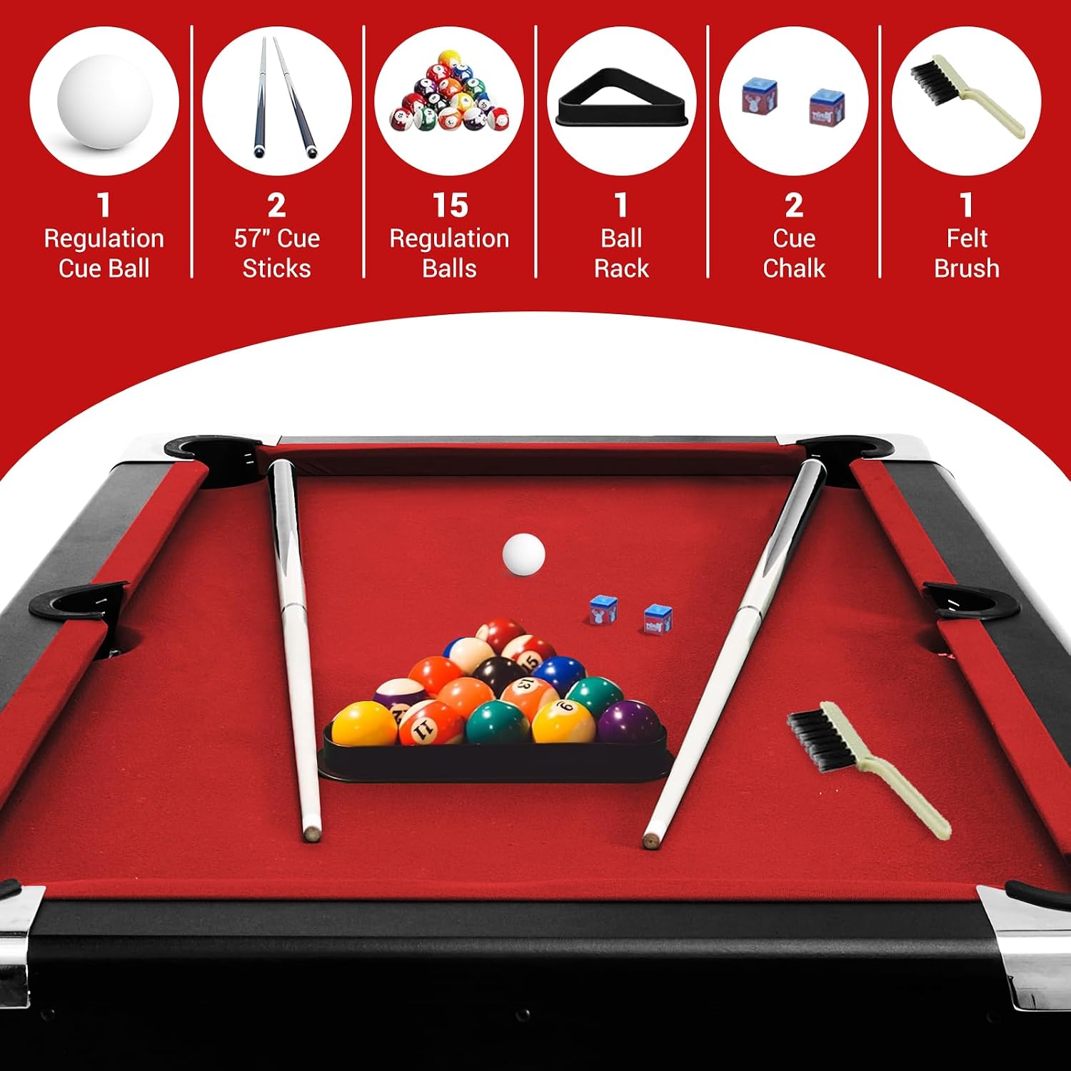 6,7 Foot Foldable Pool Table, Portable Billiards Table with Full Accessories Set, No Assembly, Metal k-Shaped Legs, Includes 16 Balls, 2 Cue Sticks, Chalk, Rack & Brush, Game Room Table for Home, Apar