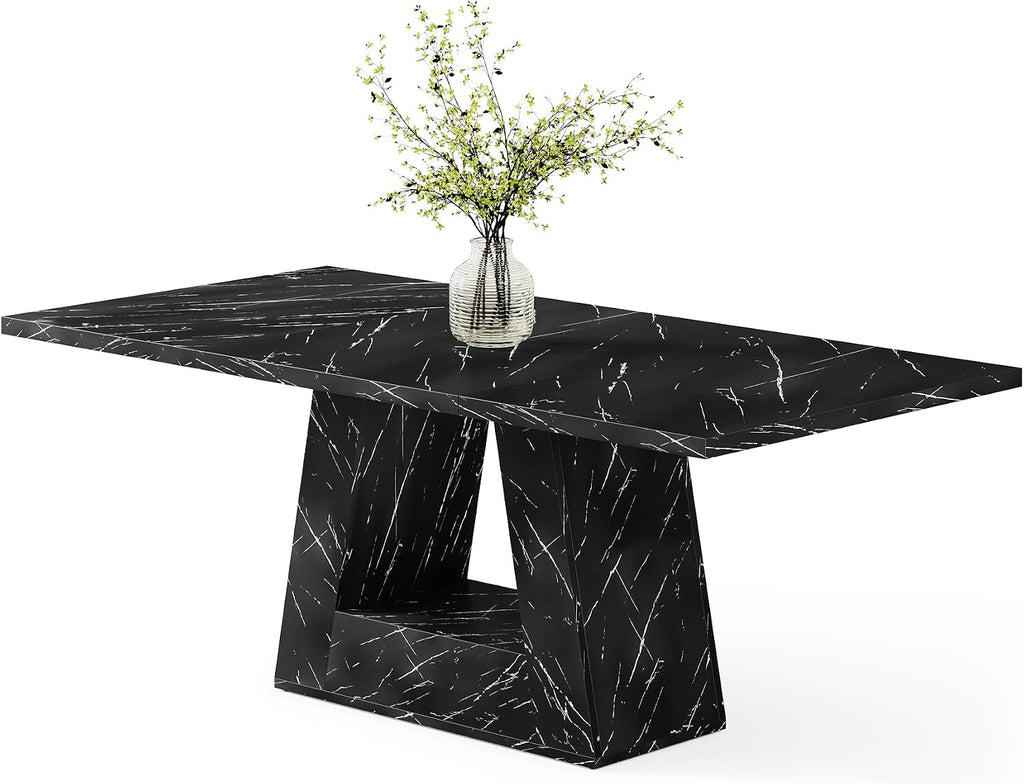 LITTLE TREE Dining Table for 4-6 People, 63 Inches Dining Room Table with Wooden Triangle Pedestal Base, Black Faux Marble Rectangle Dinner Kitchen Table for Dining Room, Kitchen, Living Room