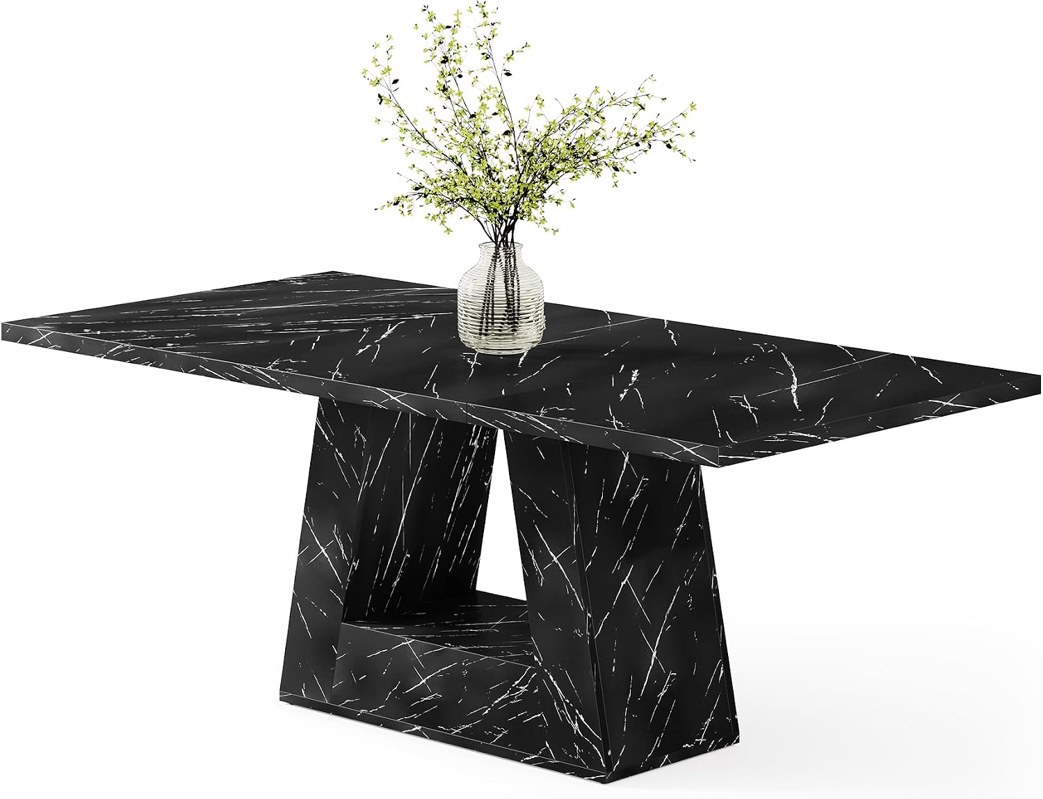 LITTLE TREE Dining Table for 4-6 People, 63 Inches Dining Room Table with Wooden Triangle Pedestal Base, Black Faux Marble Rectangle Dinner Kitchen Table for Dining Room, Kitchen, Living Room