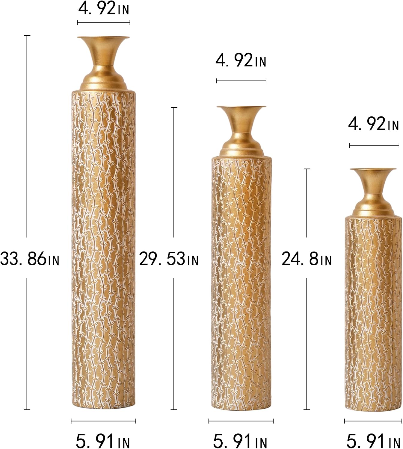 Set of 3 Gold Metal Decorative Vases – 34'/29'/25' Tall Distressed Centerpiece Vases, Gold Floral Pattern, Tall Metal Standing Vase for Home Decor(Golden Willow)