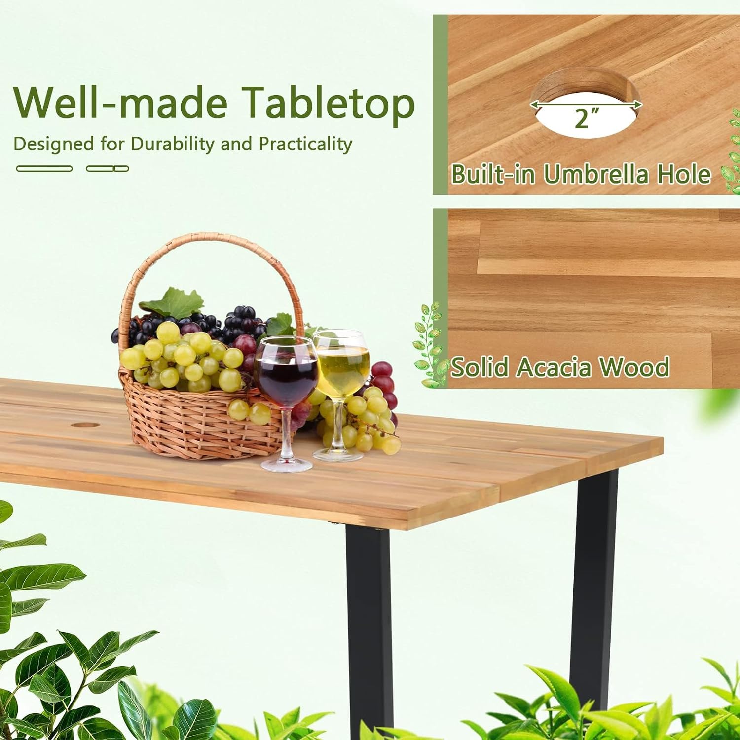 HAPPYGRILL Acacia Wood Dining Table for 6, Outdoor Patio Table with Metal Frame and 2 inch Umbrella Hole, 69 x 32 inch Rectangular Outdoor Table for Porch Balcony Garden