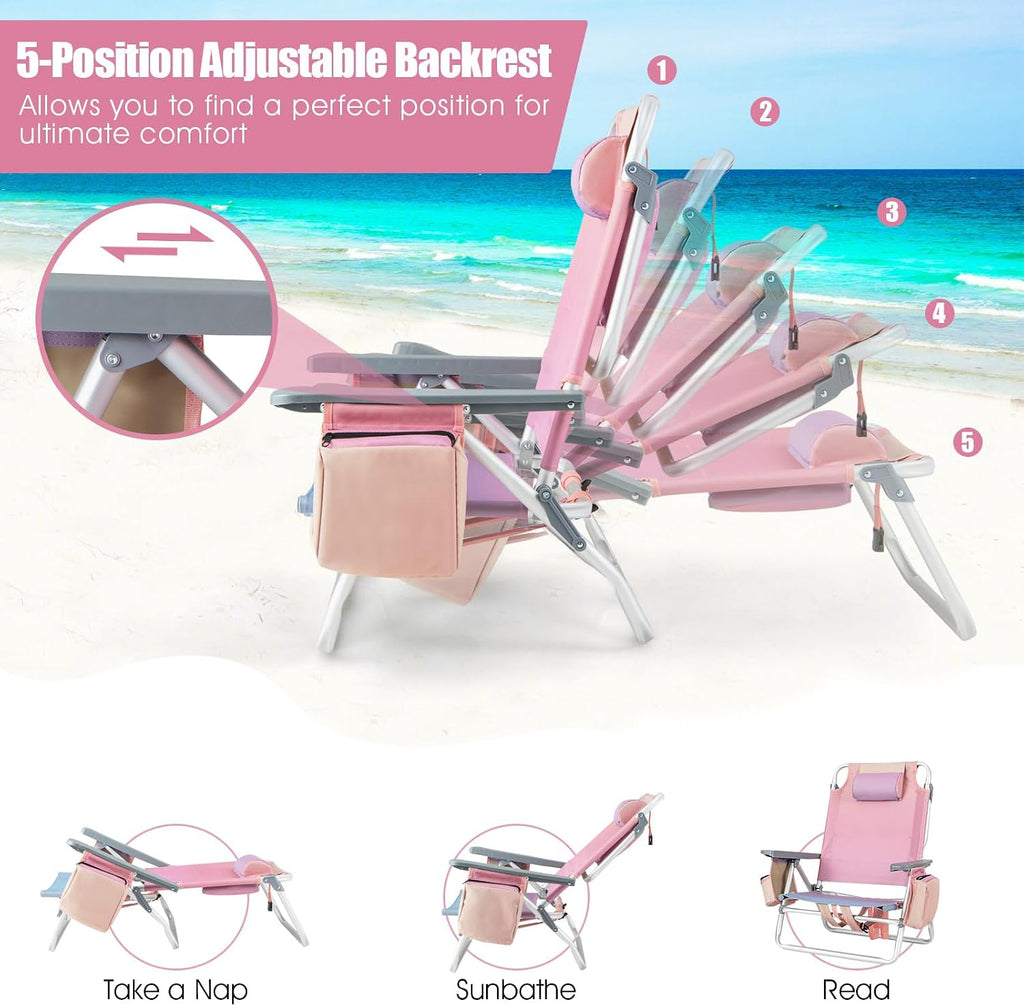 Tangkula Backpack Beach Chair with Table, 5-Position Lay Flat Chairs with Cooler Bag, 2 Cup Holders, Towel Bar, Lightweight Low Folding Chair with Backpack Straps, Pink