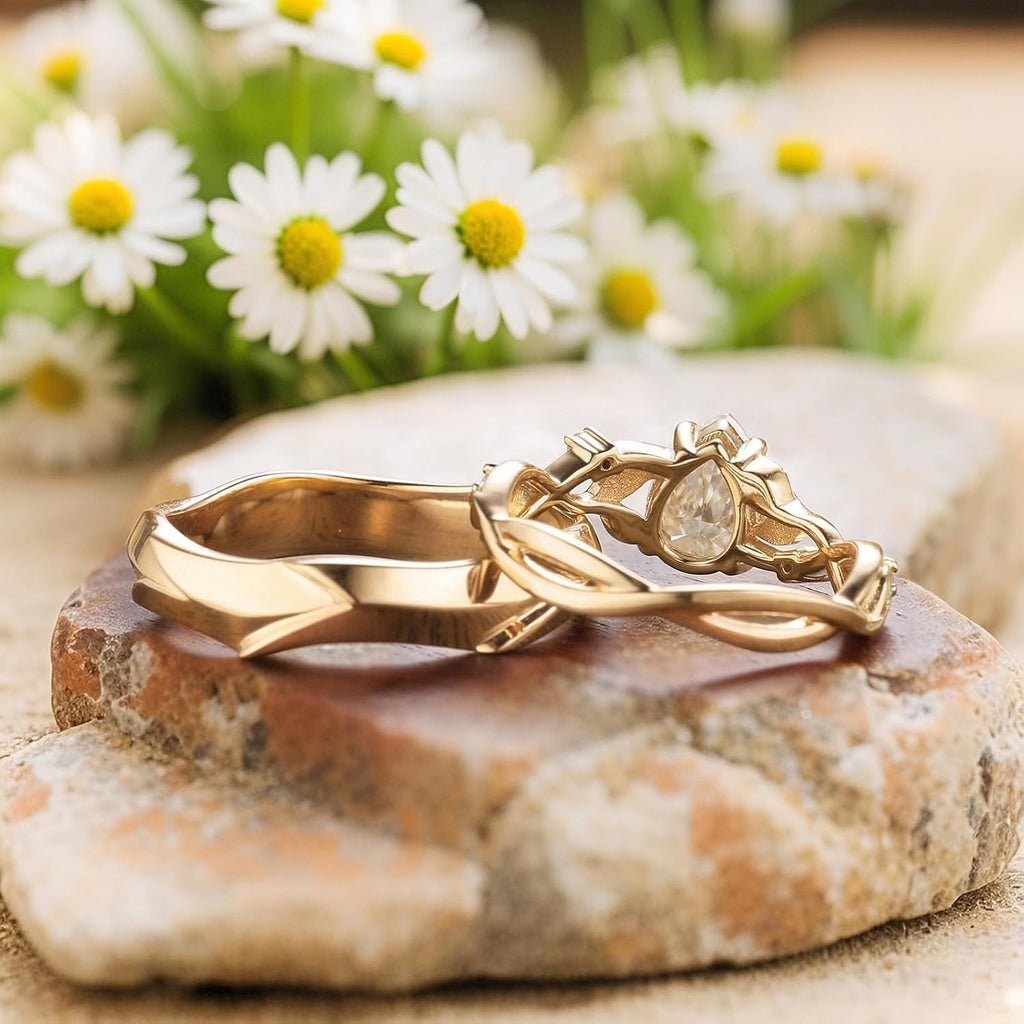 SISGEM Moissanite Couple Rings Set, 10K 14K 18K Solid Gold Moissanite Wedding Rings for Him And Her, Vintage Leaf/Branch Wedding Bands Matching Couple Rings Anniversary Jewelry Gift for Women And Men