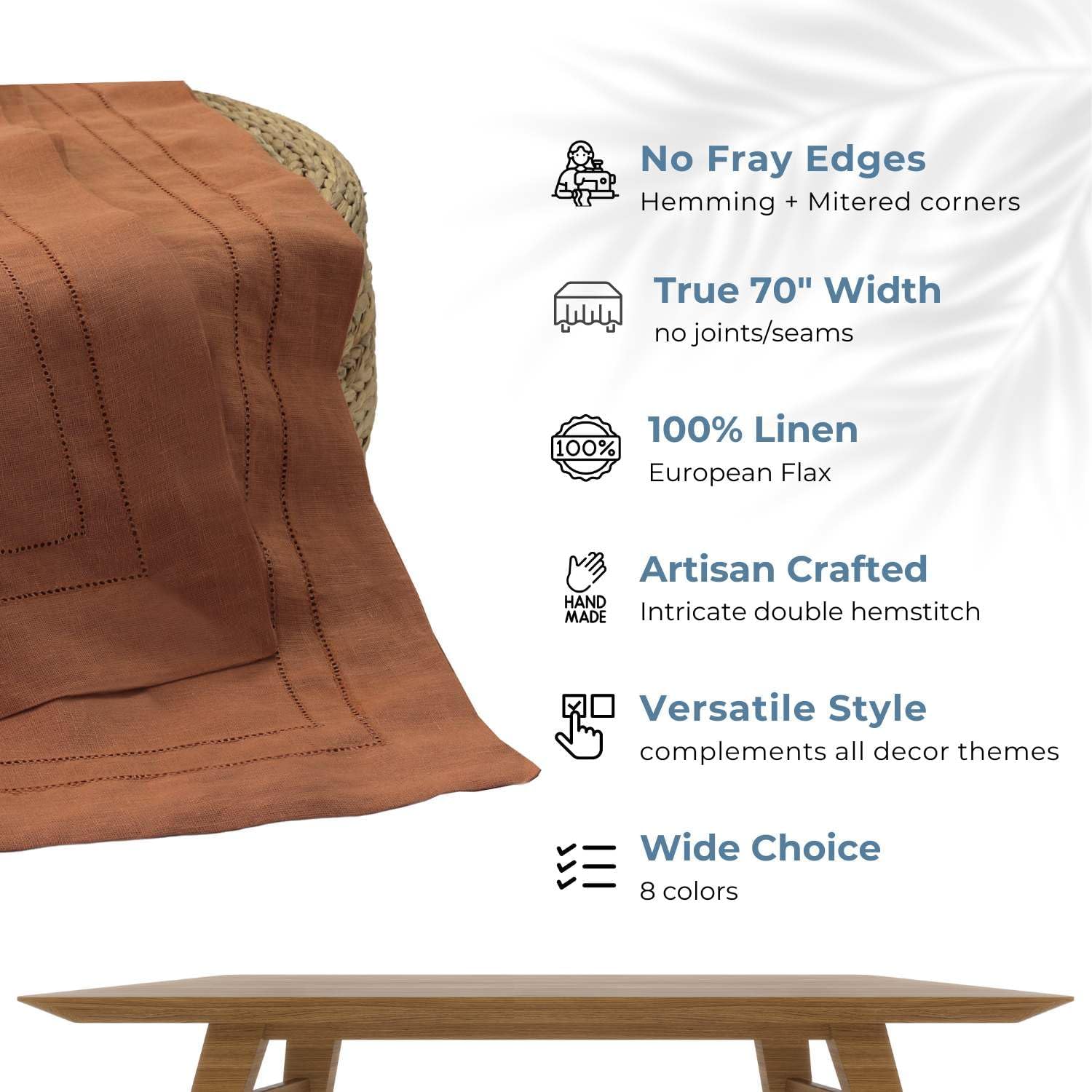 BLUE FLOWER CO Premium 100% Pure Linen Tablecloth 70'x108' Rectangle, Double Hemstitched Table Cover forDinner, Parties, Eco-Friendly, Fall & Winter Table Décor - Rust