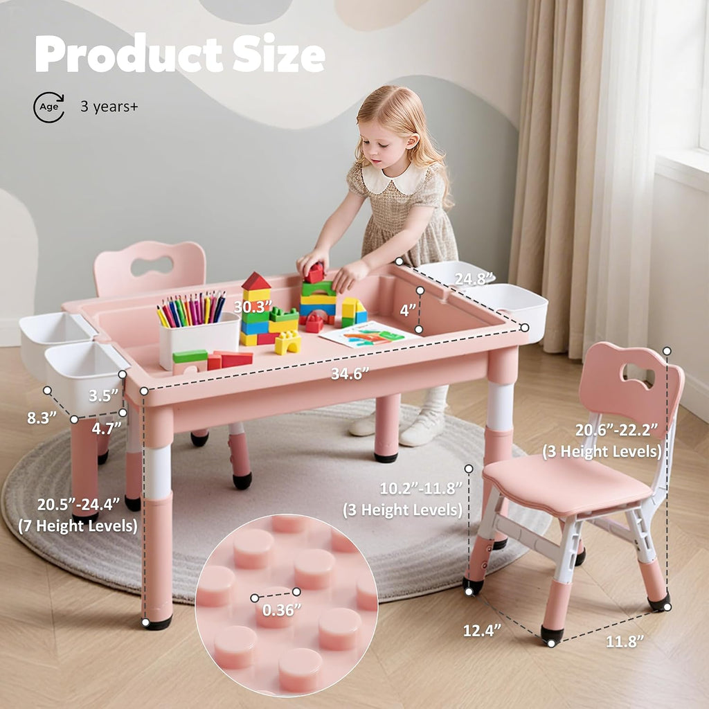 Kids Table and Chairs Set Large Storage, Height Adjustable Toddler Activity Table and 2 Chairs Set, 34.6x24.8' Graffiti/Block Building Desktop, 4 Side Boxes, Kids desk for Home, Preschool, Classroom