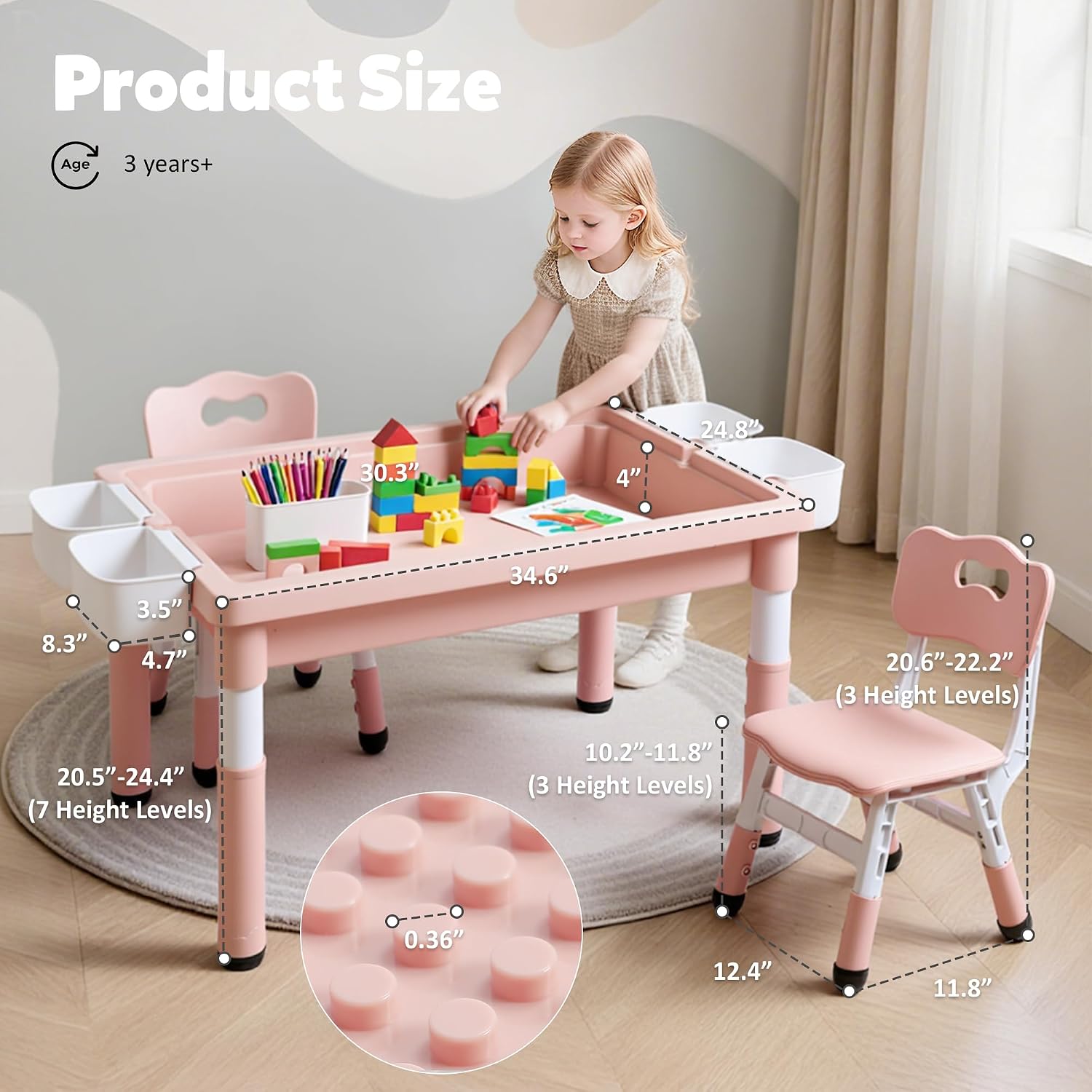 Kids Table and Chairs Set Large Storage, Height Adjustable Toddler Activity Table and 2 Chairs Set, 34.6x24.8' Graffiti/Block Building Desktop, 4 Side Boxes, Kids desk for Home, Preschool, Classroom