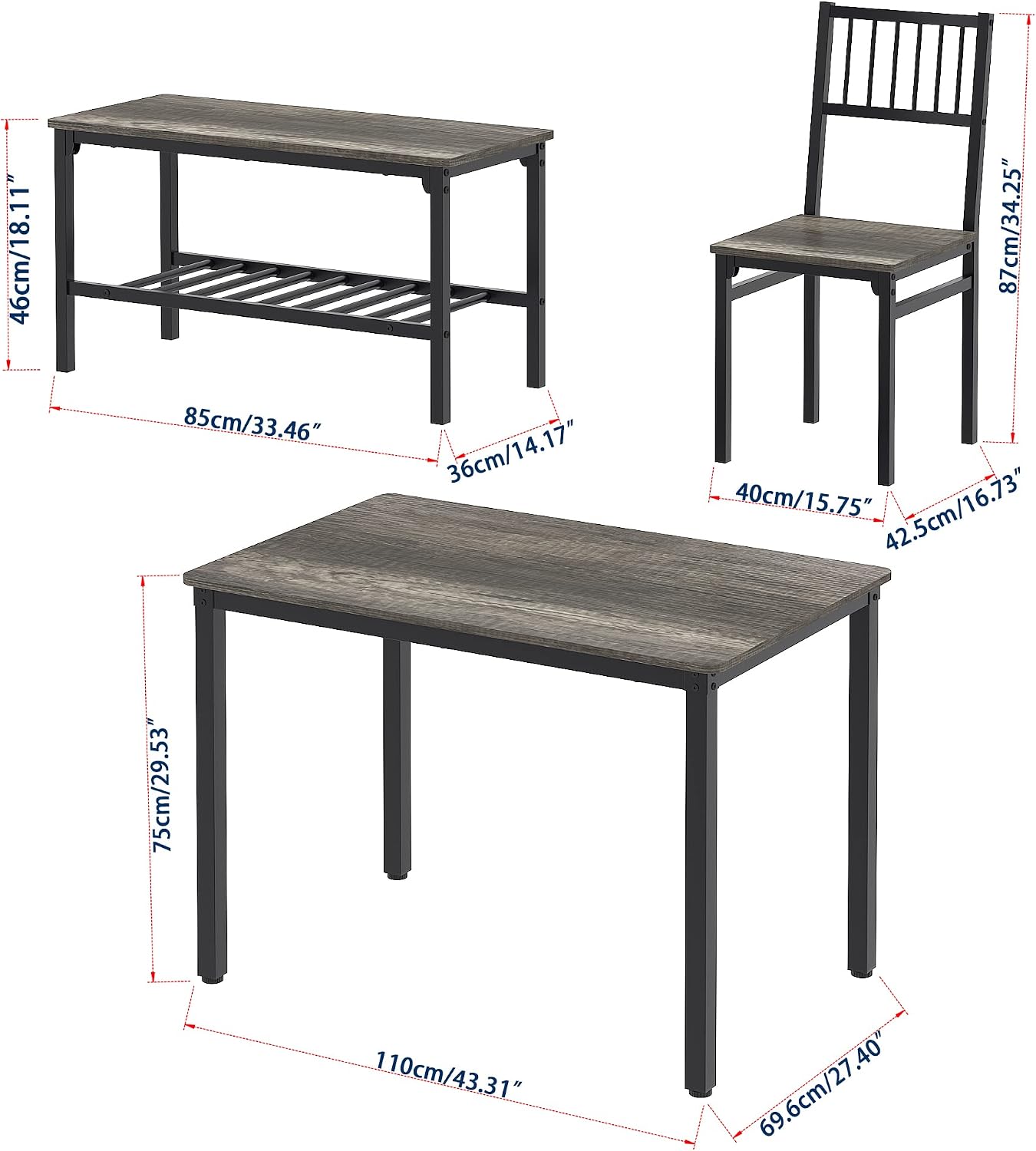 Teraves Dining Table Set for 4/Computer Desk,Kitchen Table with 2 Chairs and a Bench,Table and Chairs Dining Set 4 Piece Set for Dining Room (Black Oak+Black Frame, 110CM)