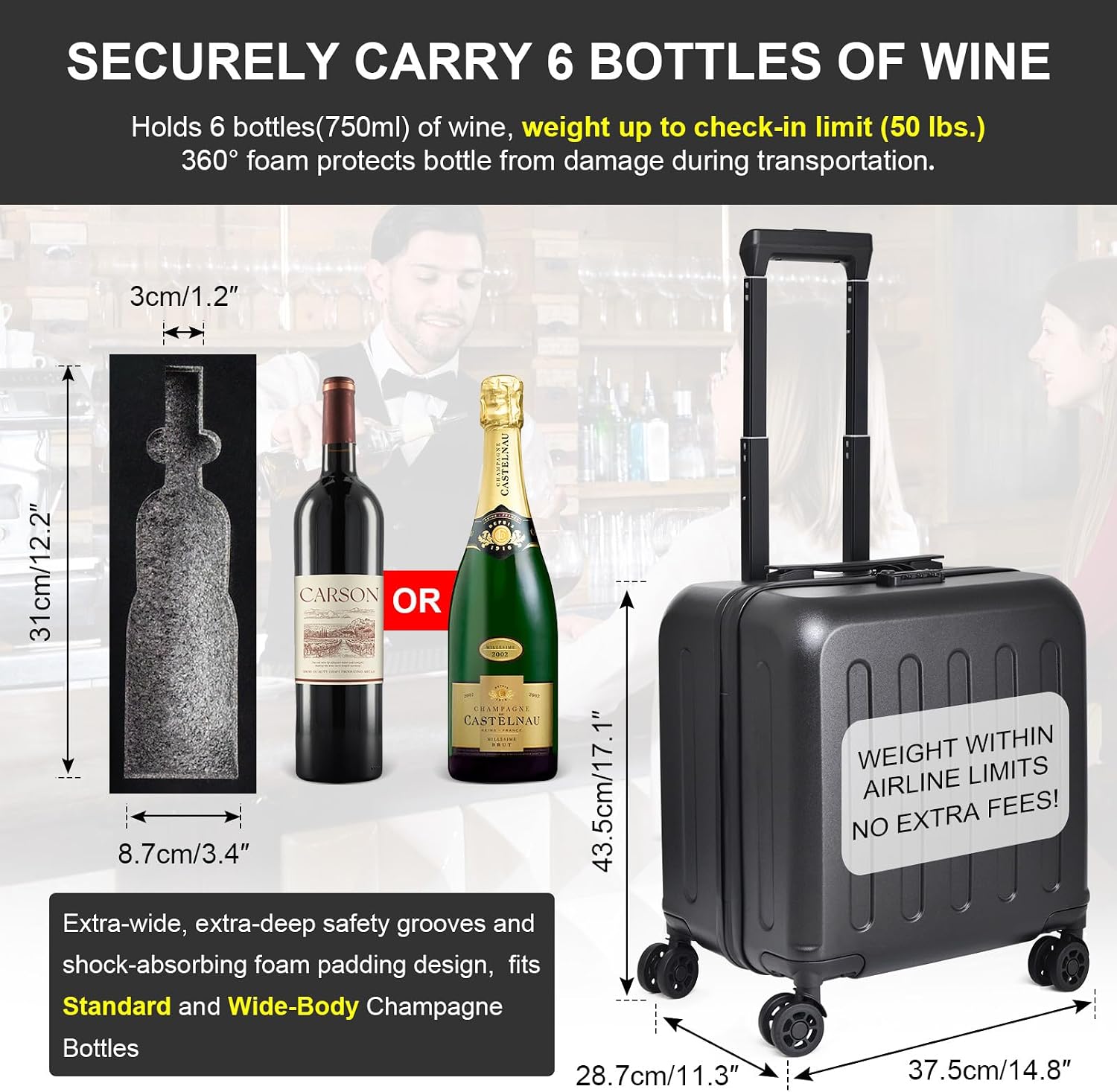 Wine suitcase for airplanes 6 bottle, TSA-Approved Carry-On Sized Wine Luggage, Durable Hard Shell with Shockproof Foam - Compact & Lightweight Travel Case for Secure Airline Travel