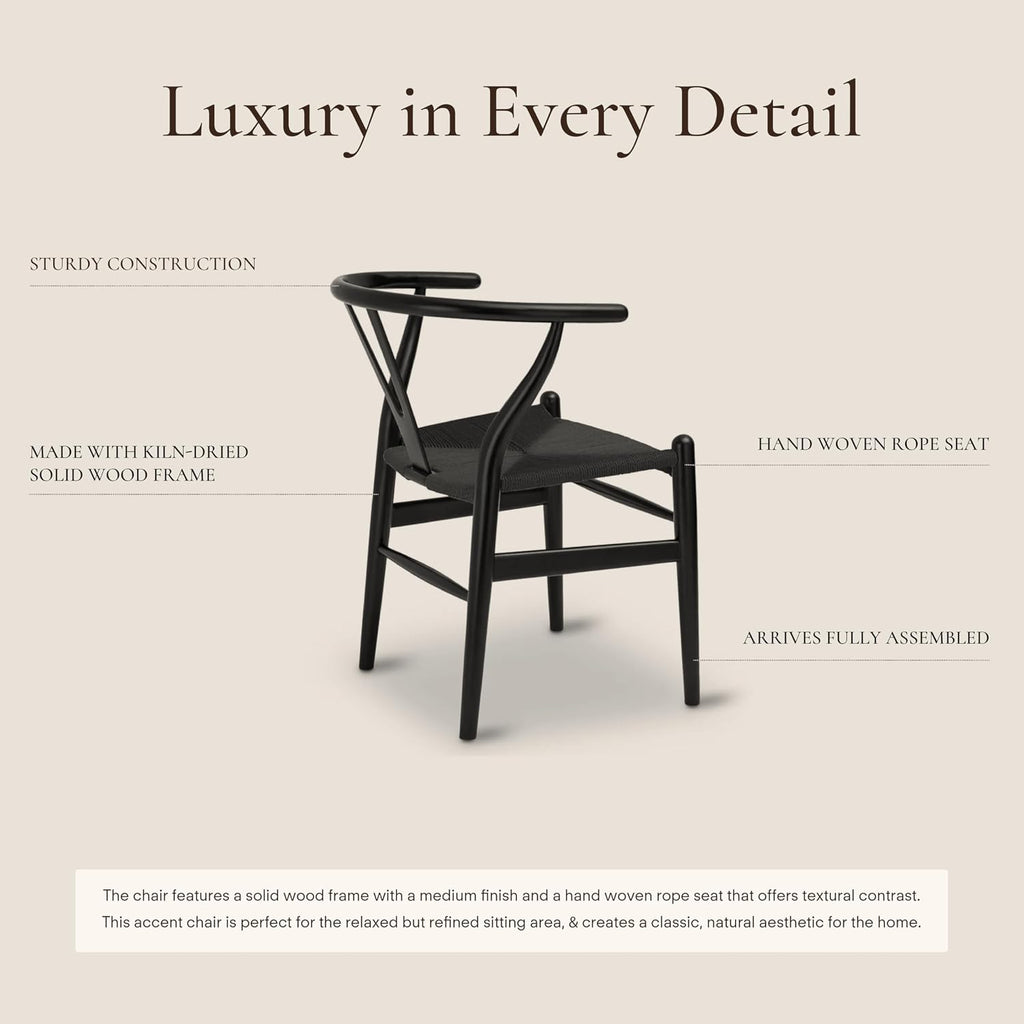 Poly & Bark Weave Dining Chairs – Mid-Century Modern Wishbone Dining Chairs with Arms, Solid Wood Frame, Indoor Use – Pitch Black – Set of 2 - Ideal for Dining Room, Kitchen or Stylish Accent Setting