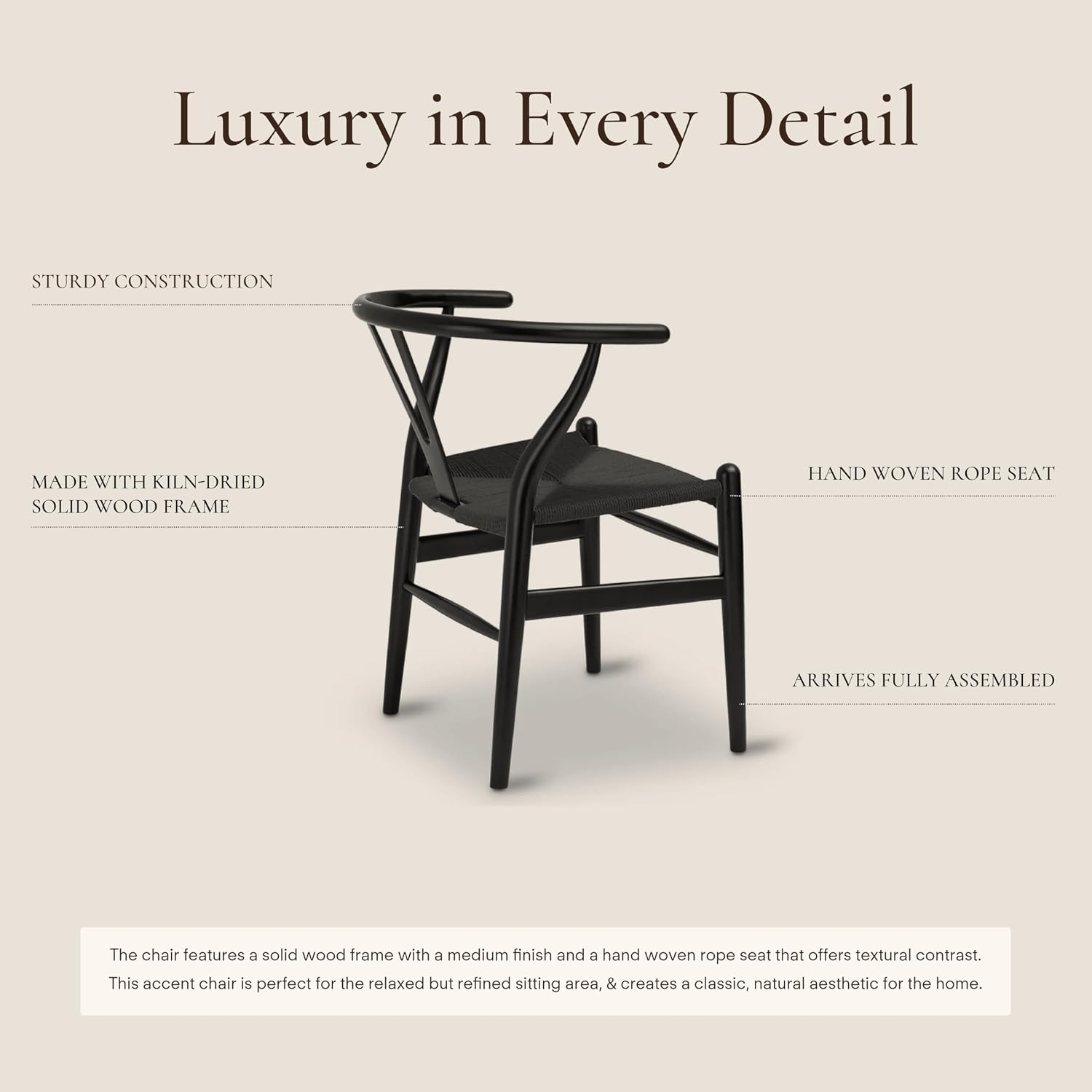 Poly & Bark Weave Dining Chairs – Mid-Century Modern Wishbone Dining Chairs with Arms, Solid Wood Frame, Indoor Use – Pitch Black – Set of 2 - Ideal for Dining Room, Kitchen or Stylish Accent Setting