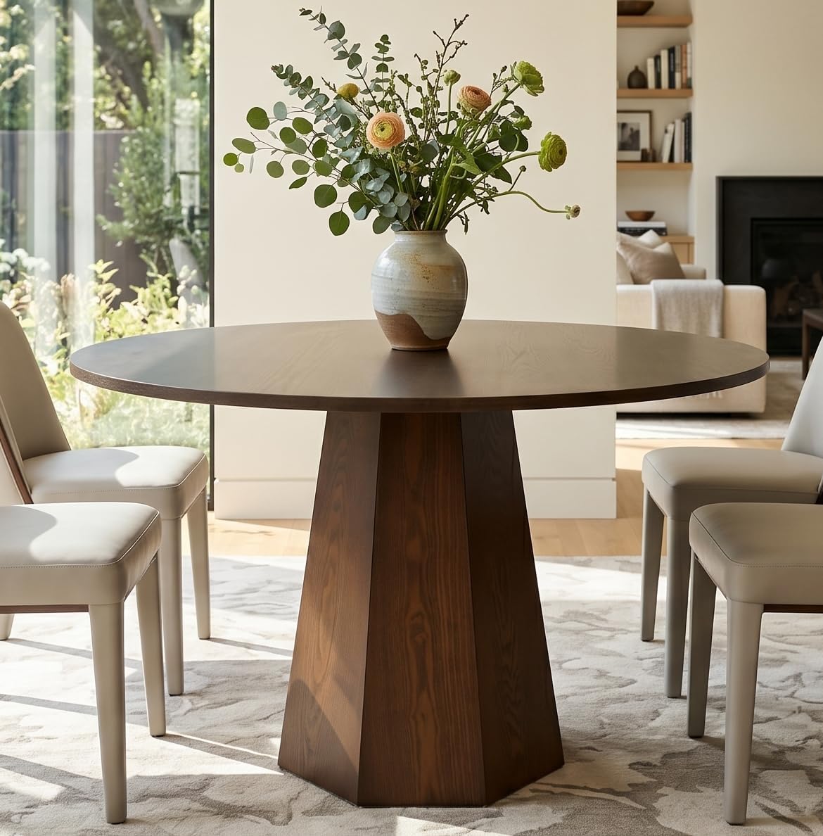 BESTANO 39' Round Solid Wood Dining Table for 4-5 People, Modern Pedestal Small Kitchen Table Circle Tabletop with Walnut Wood Grain Finish, Saving Space, Walnut