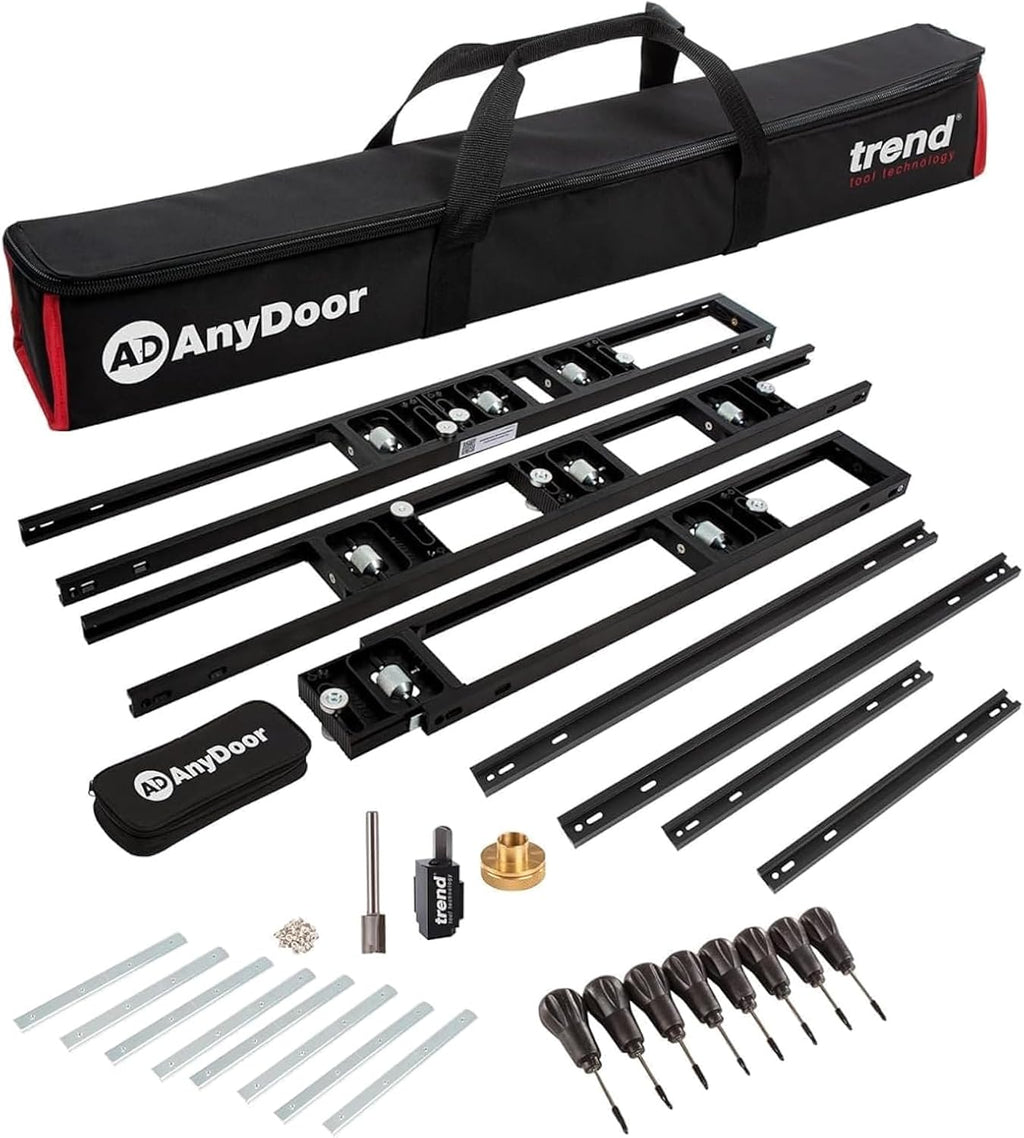 Trend Ultimate Door Installation Kit with 9ft AnyDoor Hinge Jig, T1 Plunge and Trim 1/4 Inch Router, Foot Operated Door Lifter, Door Stand and Router Bit Set, H/JIG/D/B2
