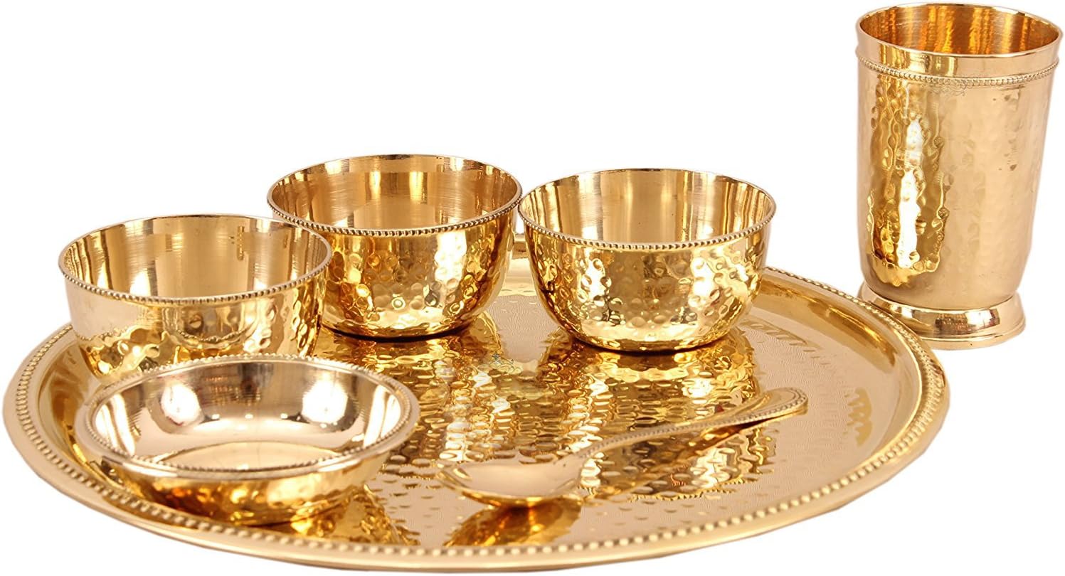 Aakrati Devyom Hammered Brass Thali Set of 7 Pcs Including 3 Bowls 1 Glass 1 Plate 1 Dinner Plate 1 Spoon Restaurant Ware Home Hotel