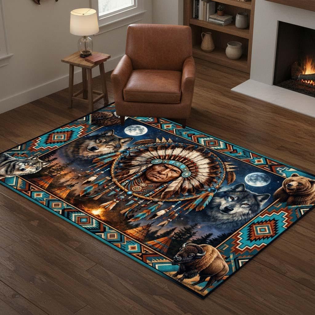 Southwestern Tribal Area Rug 5'x8' Native American Wolf Eagle Bear Buffalo Western Wildlife Carpet, Rustic Lodge Cabin Decor, Non Slip Washable Low Pile Rug for Living Room Bedroom