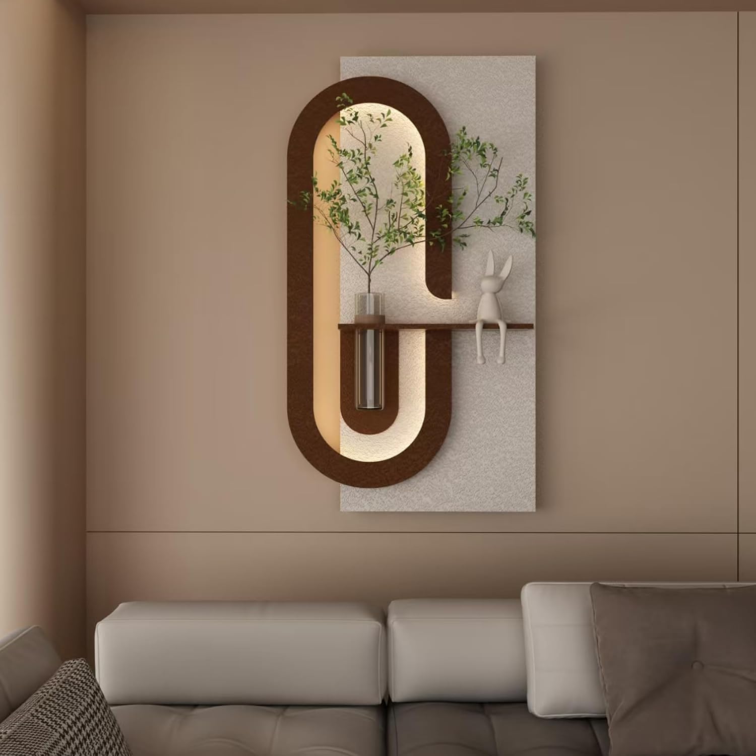 Montary 3D Sandstone Entryway Decor Art Painting, Modern LED Wall Decor Sculpture with Artificial Plants, Glass Vase & Rabbit Statue, Remote Control 3-Color Light for Living Room, Bedroom, Hallway