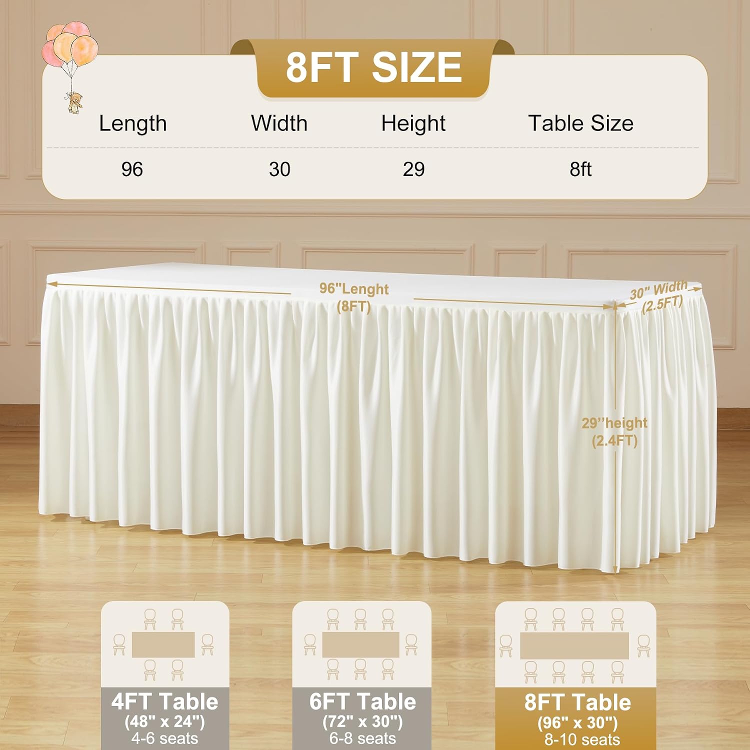 6 Packs Ivory Polyester Tablecloths Rectangle Tables 8ft, Stretch Fitted Table Covers for 8 Foot Tables Wrinkle Free Rectangle Table Cloth with Skirt for Birthday Party Events Banquet Baby Shower
