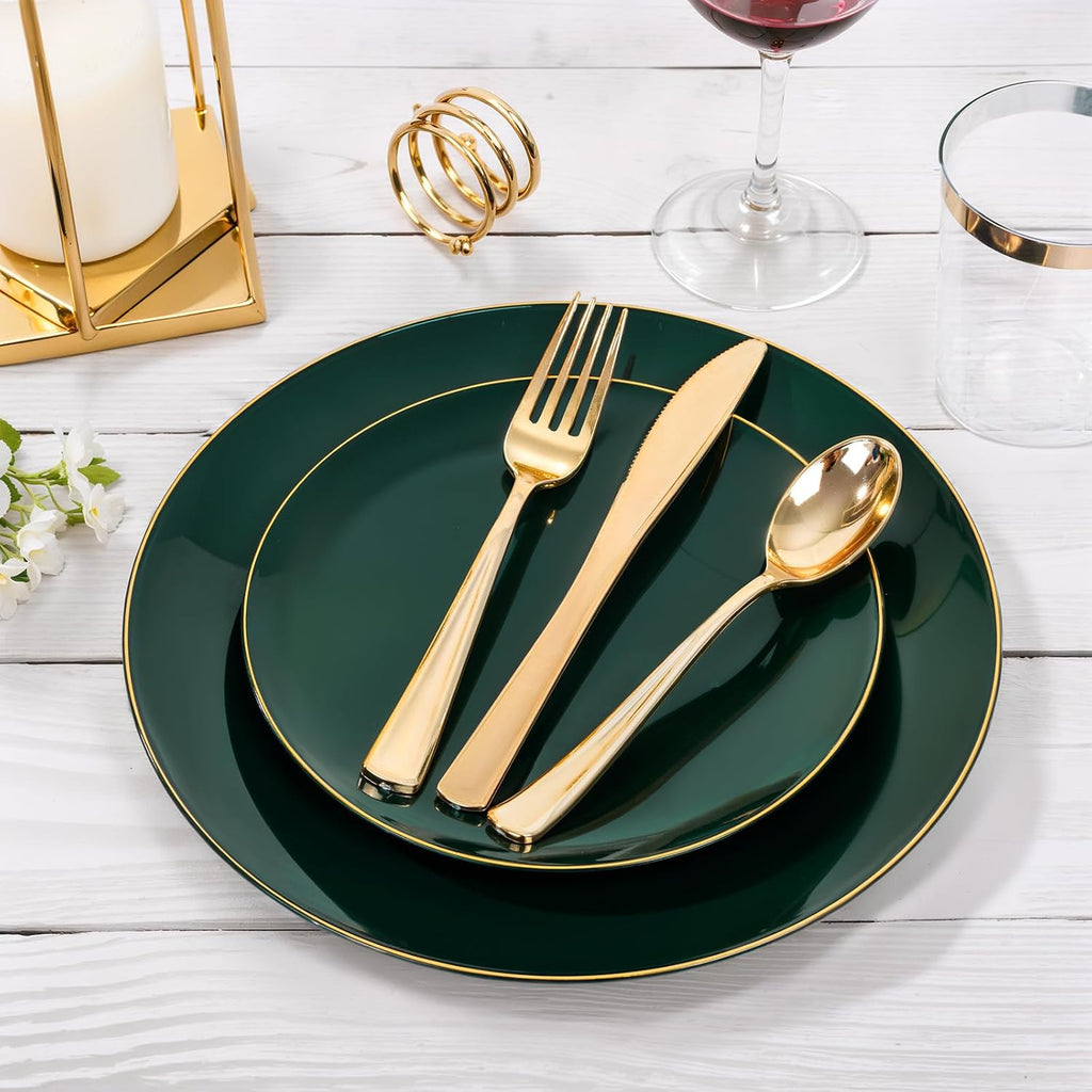 Nervure 100Pcs Green and Gold Plastic Plates - 10.25inch Disposable Green Dinner Plates - Heavy Duty Plastic Plate Ideal for Wedding & Party (Pack of 2)