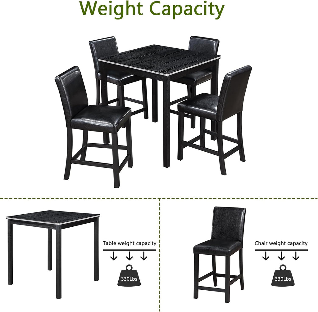 LUMISOL Dining Table Set for 4, 5-Piece Solid Wood Counter Height Kitchen Table Set with 4 Upholstered Chairs for Kitchen, Dining Room, Home Bar, Black