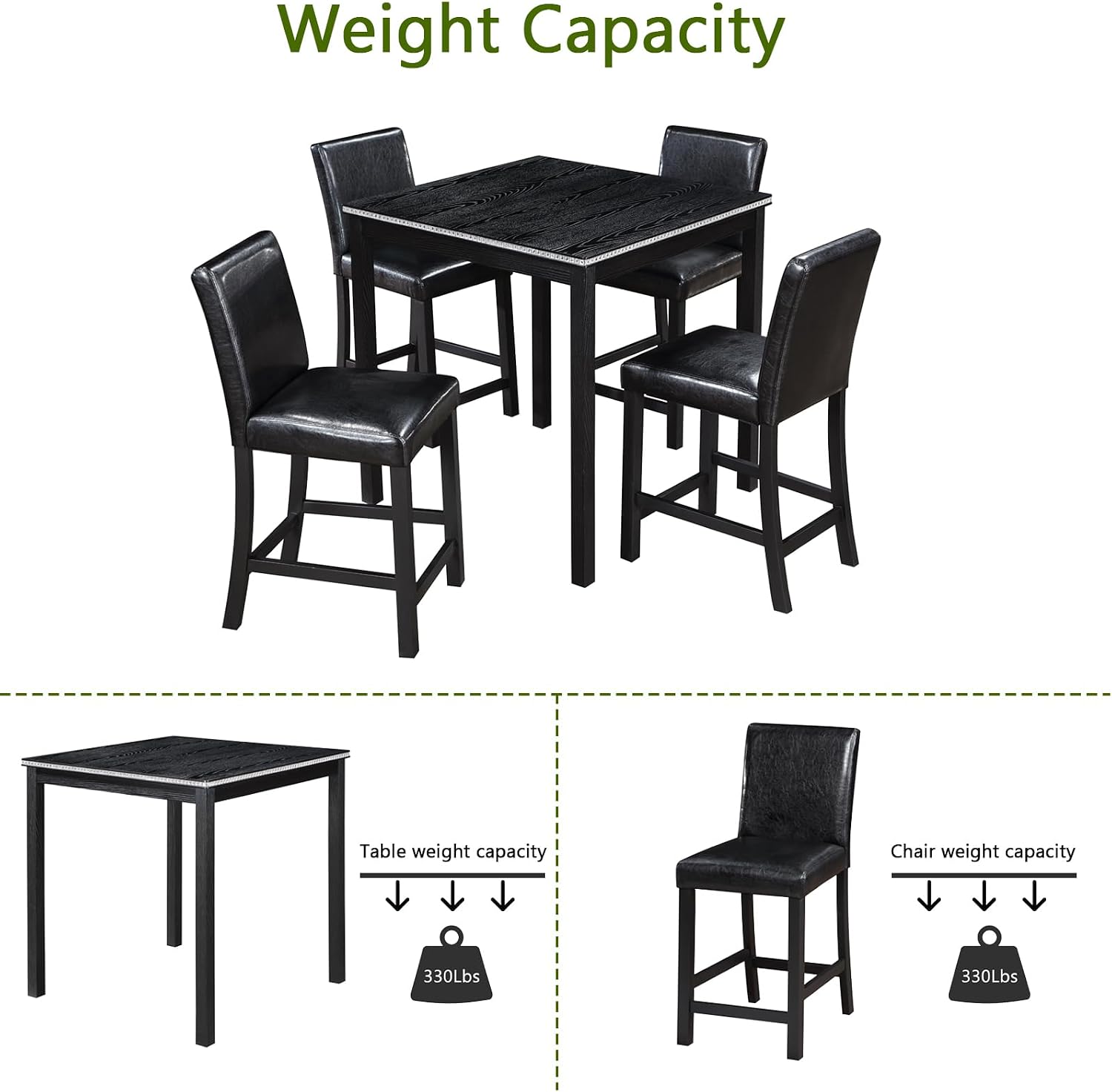 LUMISOL Dining Table Set for 4, 5-Piece Solid Wood Counter Height Kitchen Table Set with 4 Upholstered Chairs for Kitchen, Dining Room, Home Bar, Black