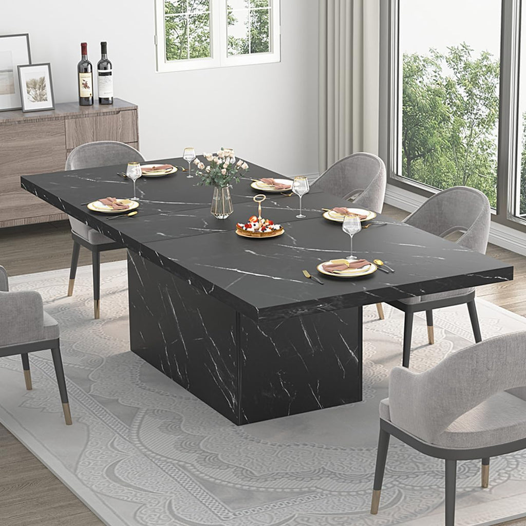HSH 71' Black Dining Table for 6-8, Rectangle Modern Faux Marble Dinner Table, Large Dining Room Table for Kitchen Living Room, Industrial Wood Kitchen Table only with Sturdy Base, Black, 71 Inch