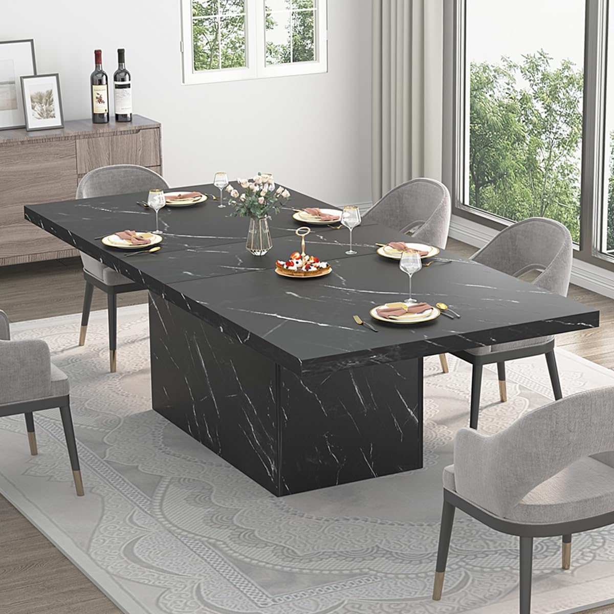 HSH 71' Black Dining Table for 6-8, Rectangle Modern Faux Marble Dinner Table, Large Dining Room Table for Kitchen Living Room, Industrial Wood Kitchen Table only with Sturdy Base, Black, 71 Inch