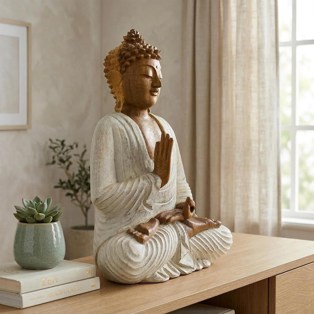 G6 Collection Wooden Serene Meditating Sitting Buddha Art Statue Hand Carved Sculpture Home Decor (16' Tall – Whitewashed)