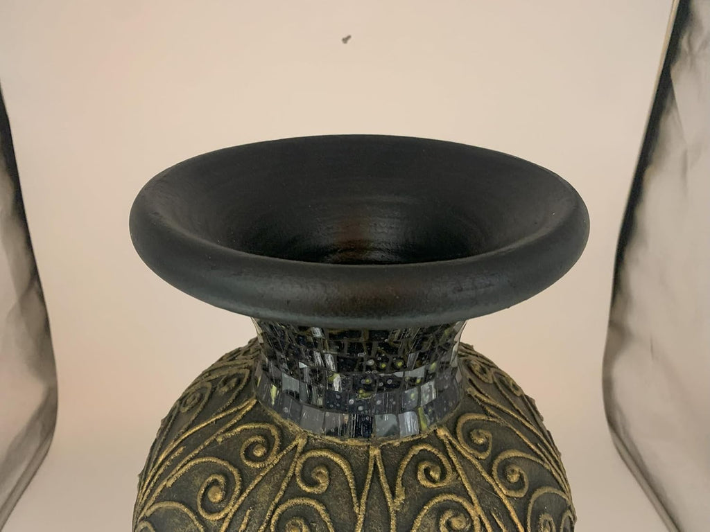 Floor Vase, 24 Inch Mosaic Vase – Tall Cylinder Made of Terracotta with Black, Green, and Gold Glass Mosaic Pieces – Handcrafted Decorative Home Décor Accent Piece for Bedroom, Living Room