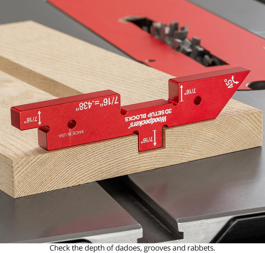 Woodpeckers 3D Setup Blocks, 7 Piece Set, Aluminum, USA Made, 4 Ways to Meaure on each Block, Router & Table Saw Gauge Blocks, Router Bit Height Gauge - 3D-SUB7