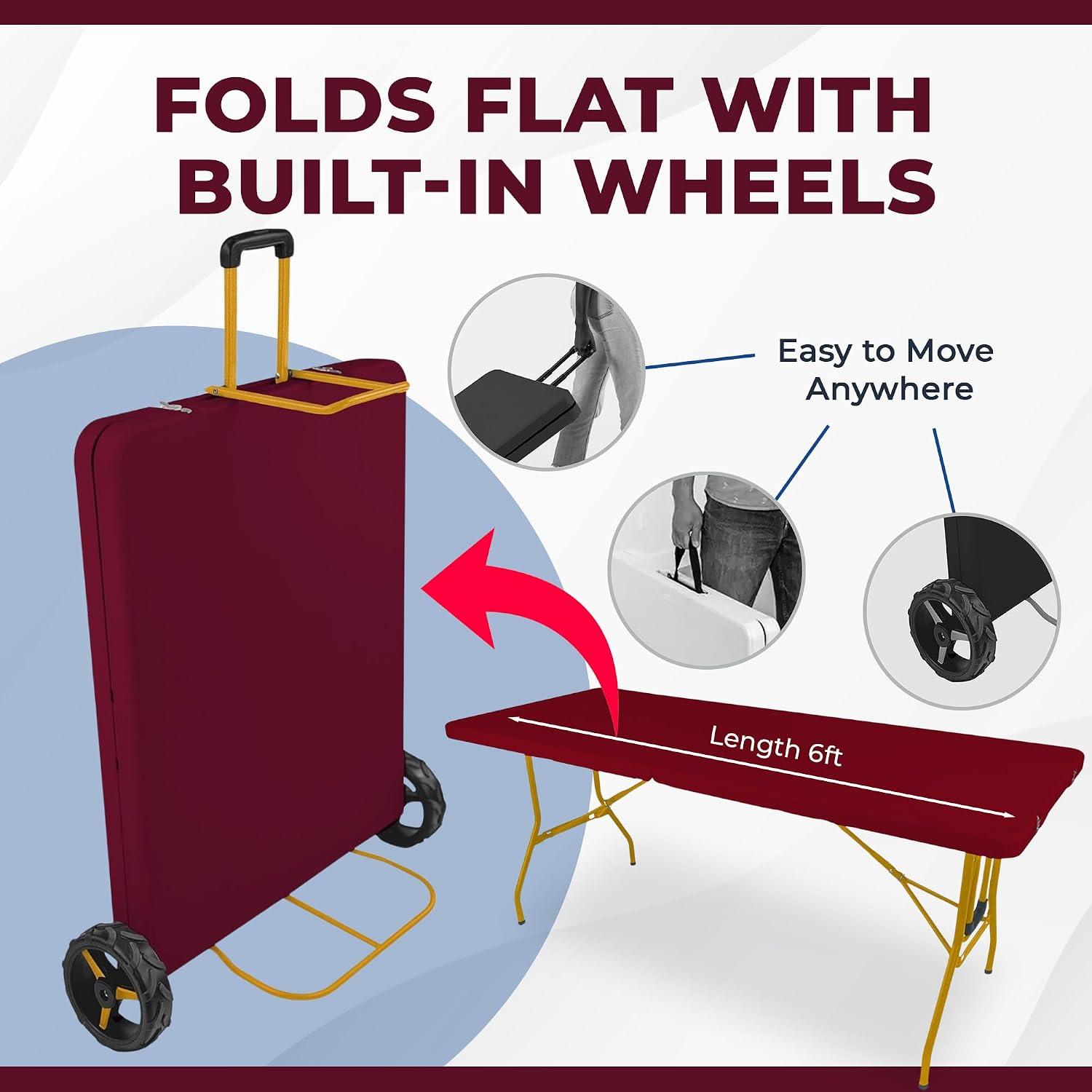 6Ft Rolling Folding Table with Built-in Wheels, Durable Plastic, Team Colors, Easy to Carry, Perfect for Camping, Picnic, Tailgating, Party, Indoor/Outdoor Use (Single Table, Dark Red & Dark Yellow)
